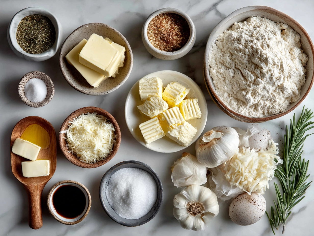 Ingredients for Garlic Butter Dinner Rolls laid out: flour, yeast packet, milk, sugar, melted butter, salt, garlic butter, egg, fresh parsley