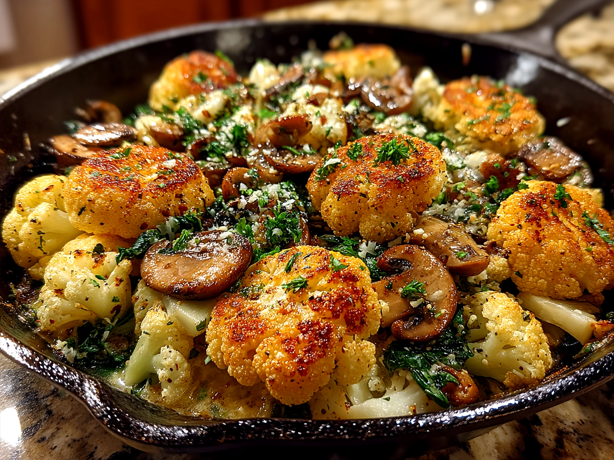 Garlic Cauliflower Mushroom Skillet served in a pan garnished with fresh herbs