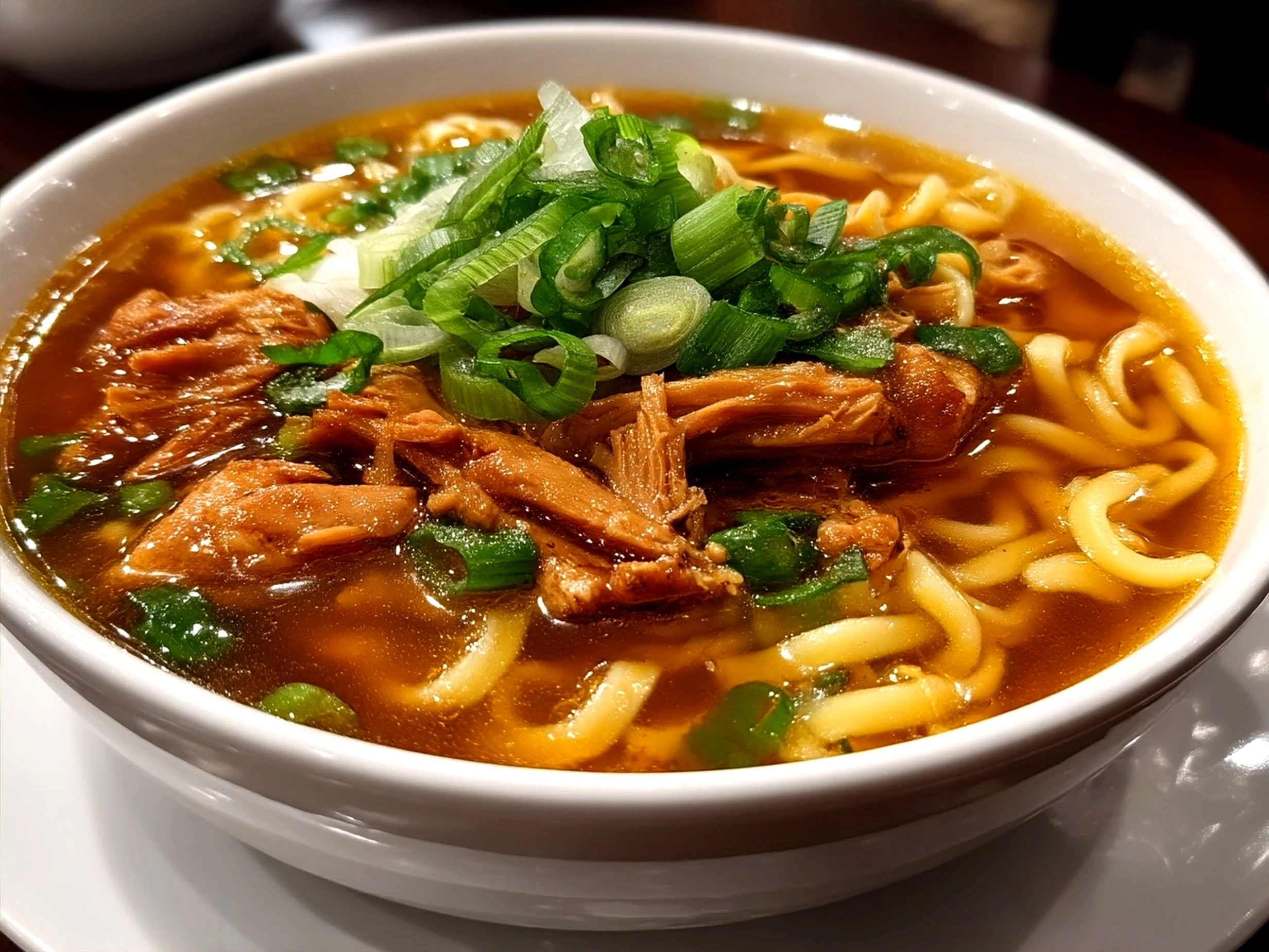 A bowl of Ginger Scallion Chicken Noodle Soup garnished with fresh scallions