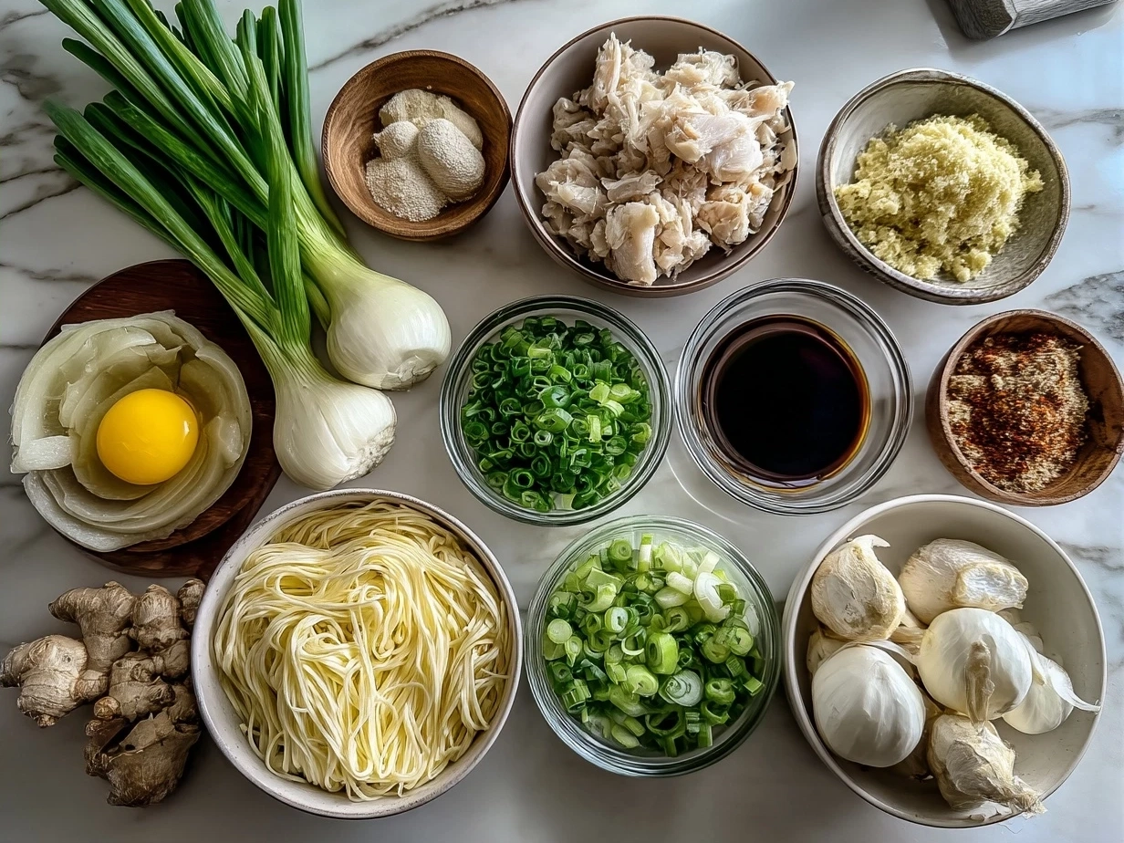Ingredients for Ginger Scallion Chicken Noodle Soup laid out on a table