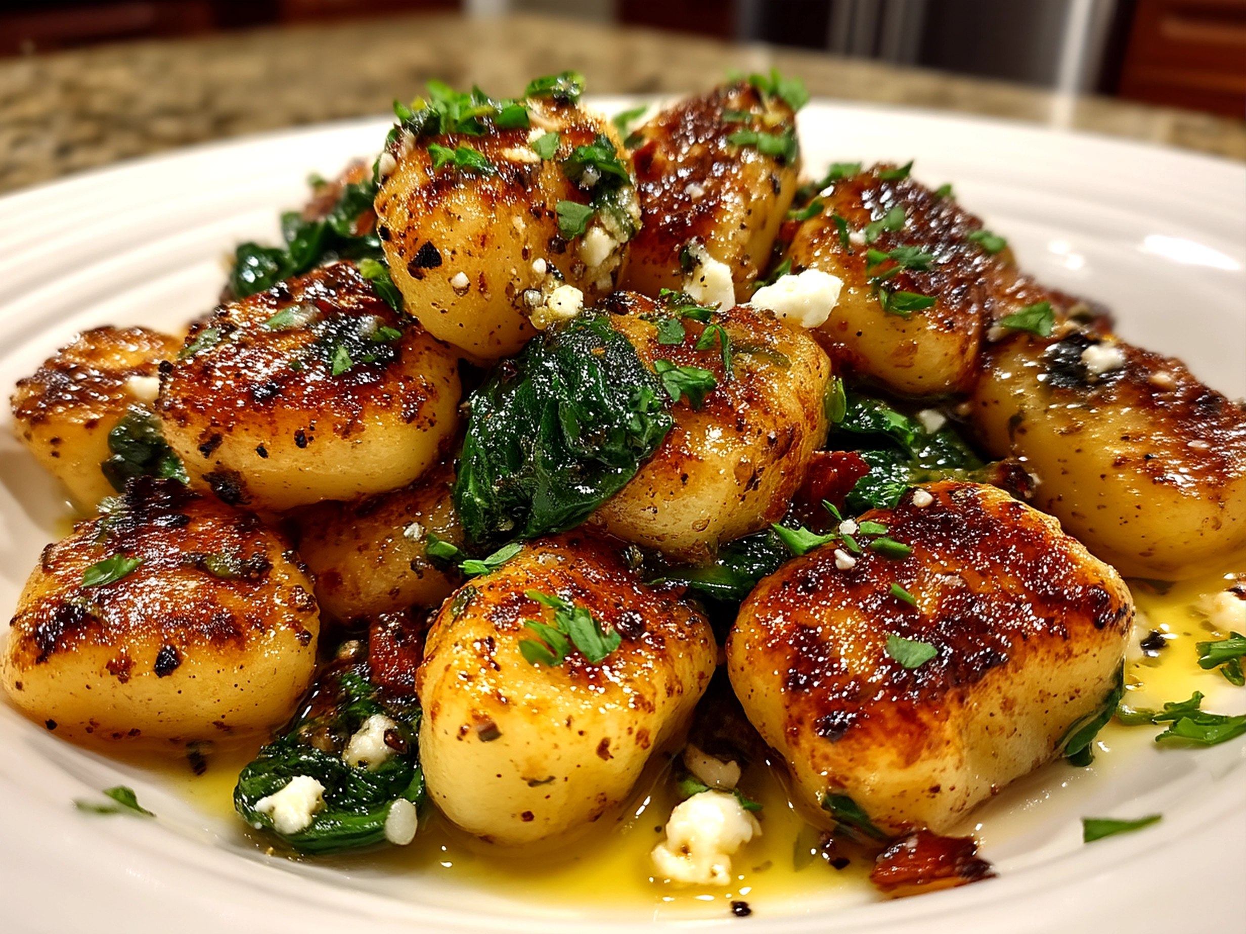 A serving plate of creamy Gnocchi with Spinach and Feta garnished with crumbled cheese and pepper flakes