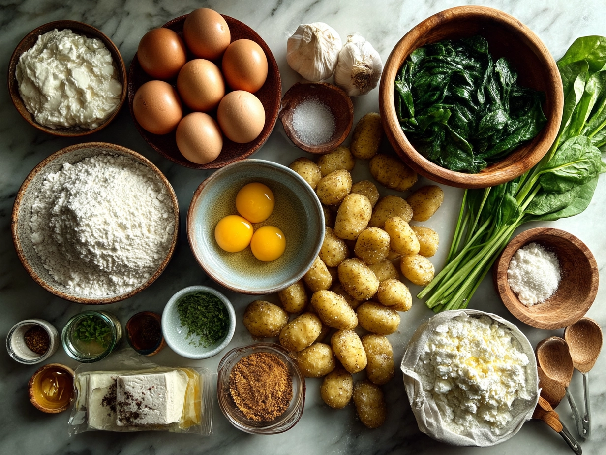 Ingredients for Gnocchi with Spinach and Feta laid out on a kitchen counter