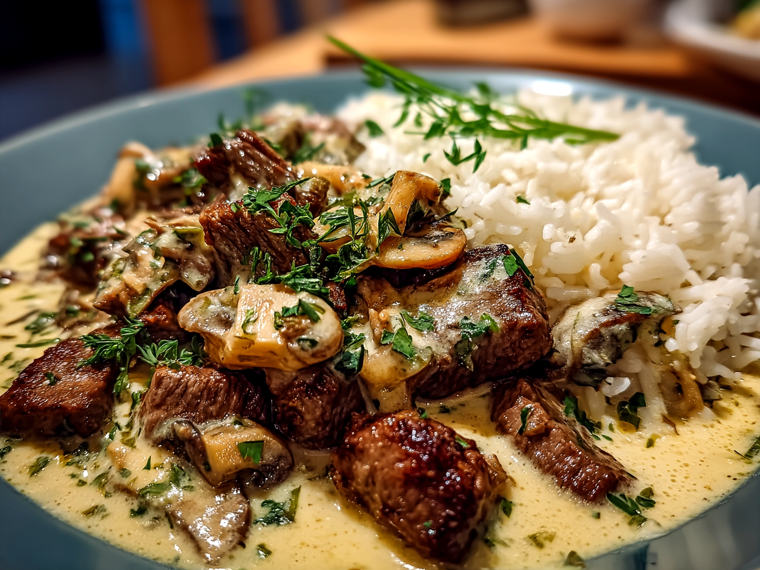 Creamy Gordon Ramsay Beef Stroganoff served over noodles with parsley garnish