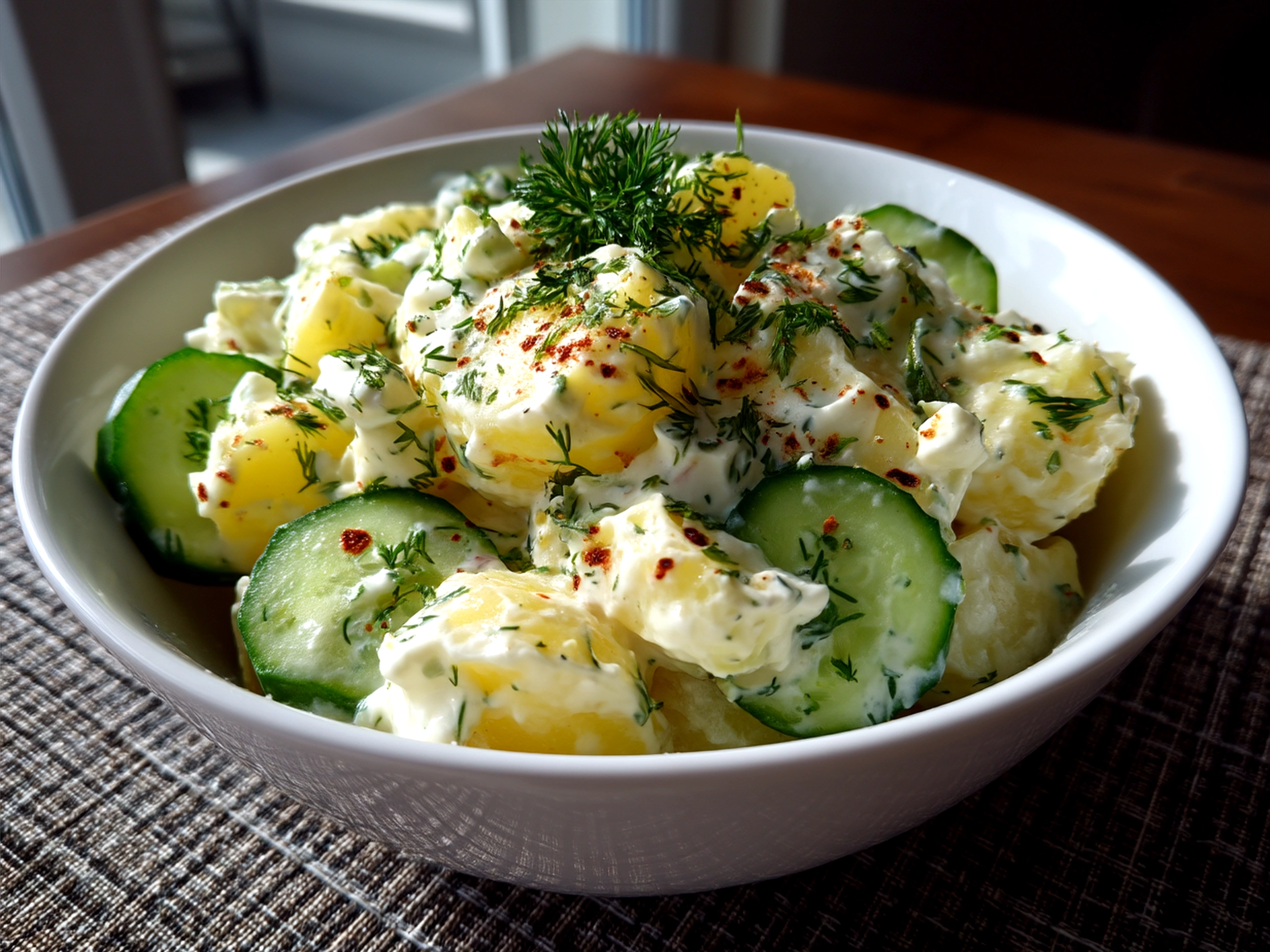 Served Greek Yogurt Potato Salad with Cucumbers garnished with fresh dill