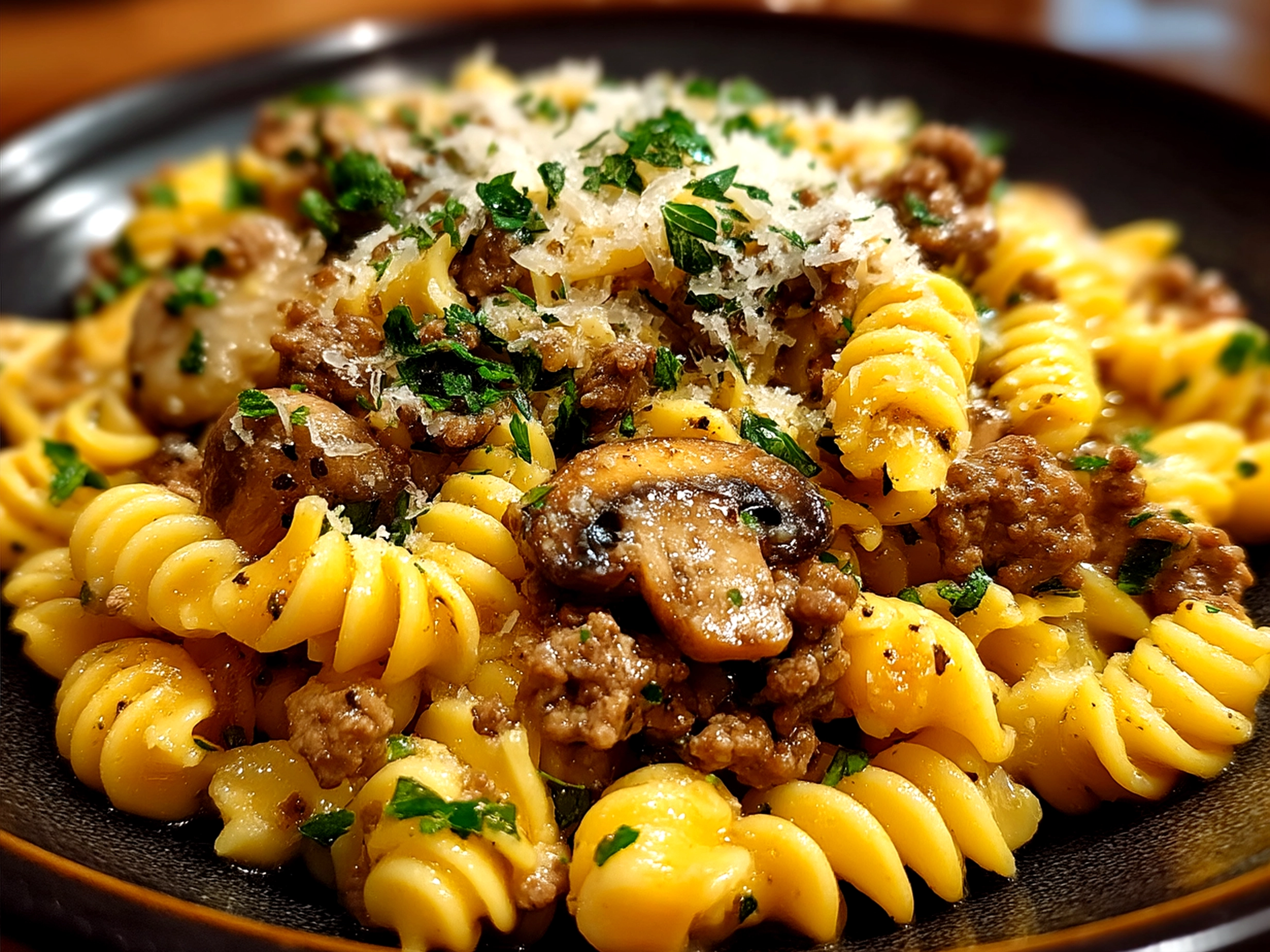Served Ground Beef Stroganoff with egg noodles and fresh parsley on top