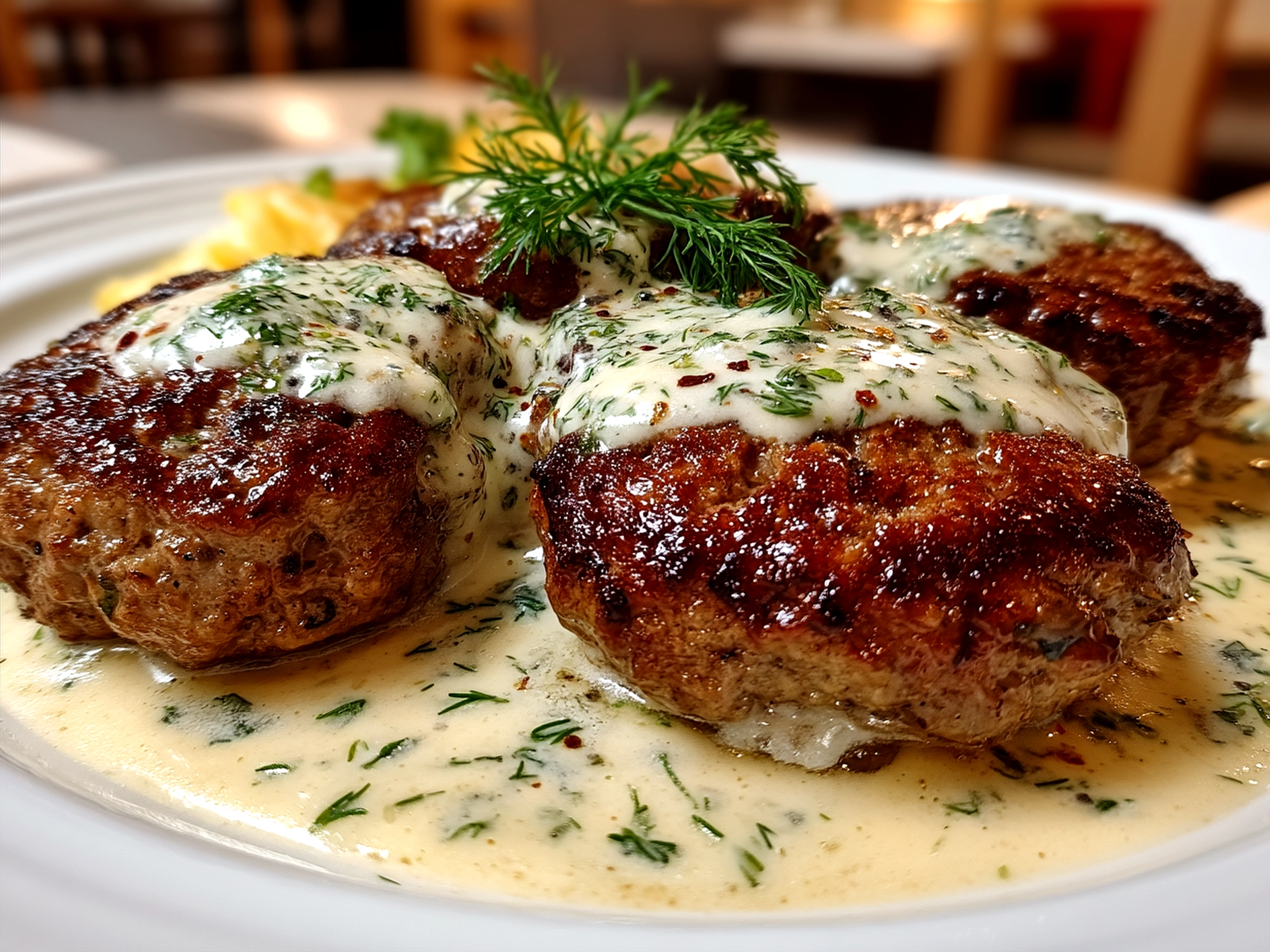 Hamburger Steaks in Creamy Dill Sauce plated with mashed potatoes and fresh herbs