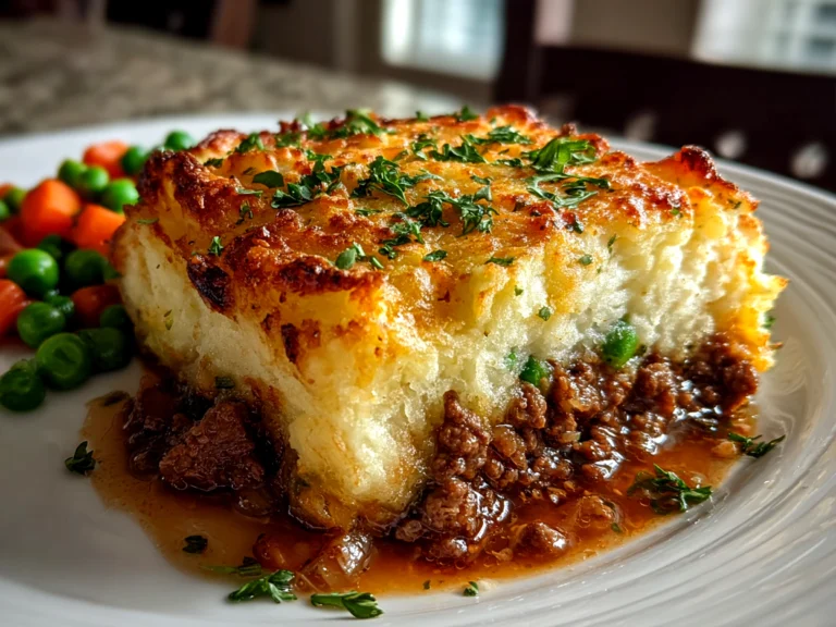 Home chef, taken with iPhone 14. Close-up slight angle of comforting Shepherds Pie on white plate. Warm appetizing --ar 4:3 --style raw --s 270