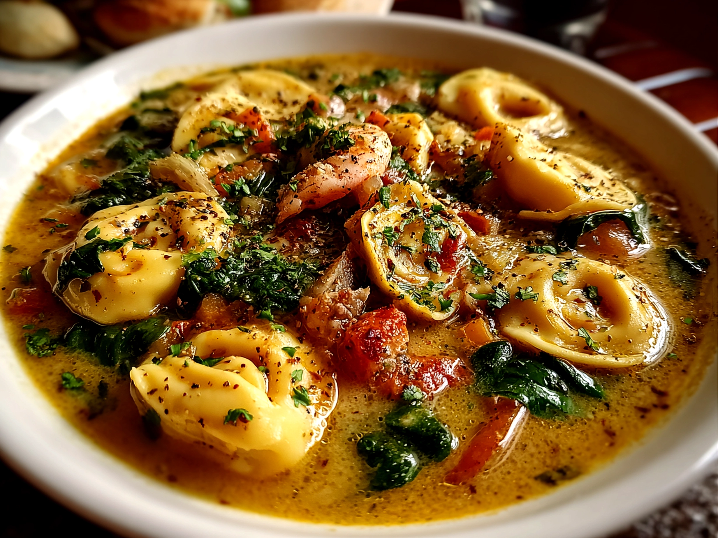 Home cook, taken with iPhone 14 Pro. Close-up slight angle of comforting tortellini soup on white plate. Hearty comforting --ar 4:3 --style raw --s 250