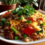 Home cook, taken with iPhone 14. Close-up slight angle of homemade Bang Bang Fried Rice on white plate. Fresh vibrant --ar 4:3 --style raw --s 245