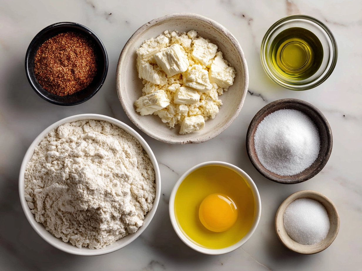 Ingredients for Homemade Bread including flour, yeast, water, salt, sugar and oil
