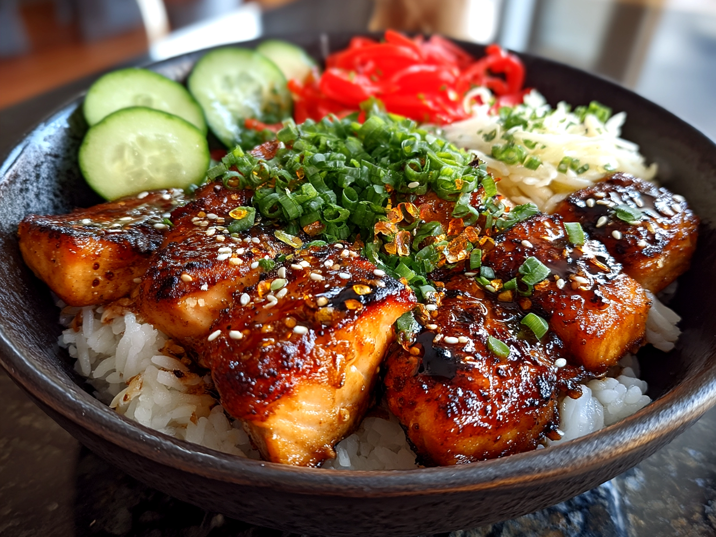 Served Honey Glazed Salmon Bowl with salmon fillet, rice, vegetables, sesame seeds and green onions garnished beautifully