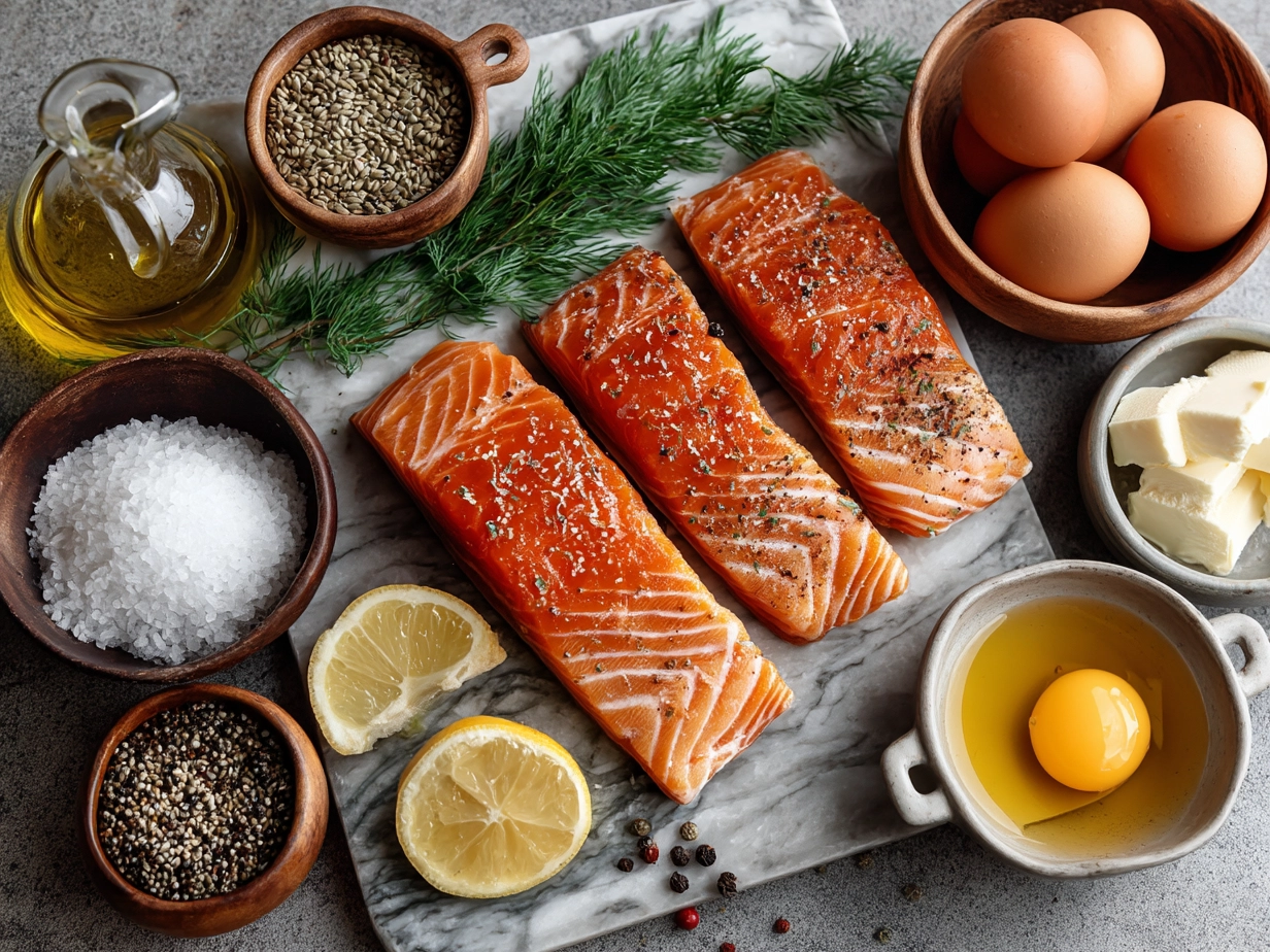 Ingredients for Honey Glazed Salmon Bowl including salmon fillets, honey, soy sauce, rice vinegar, sesame oil, garlic, ginger, rice, vegetables, sesame seeds and green onions