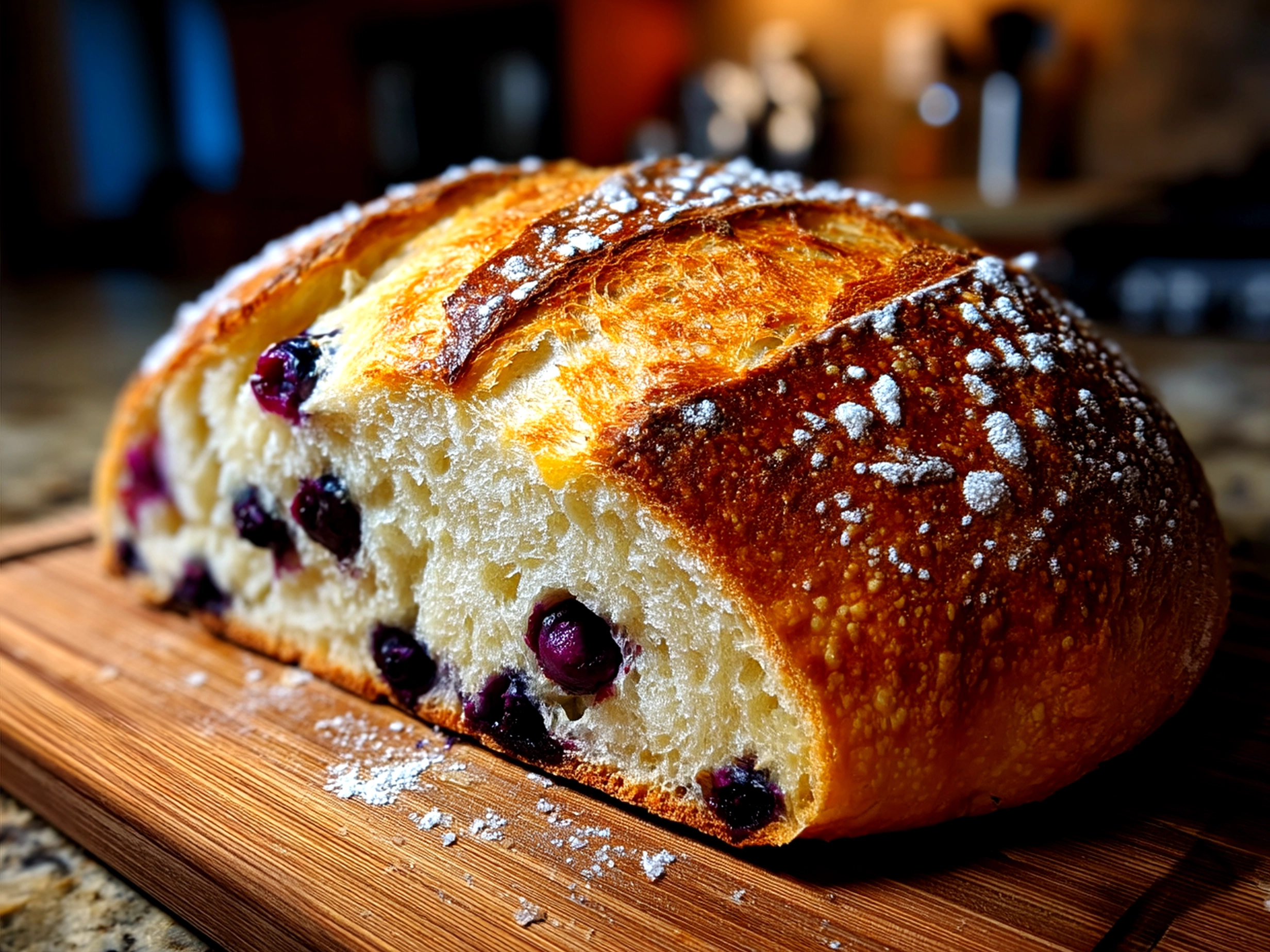 Freshly sliced Lemon Blueberry Sourdough Bread served on a wooden board