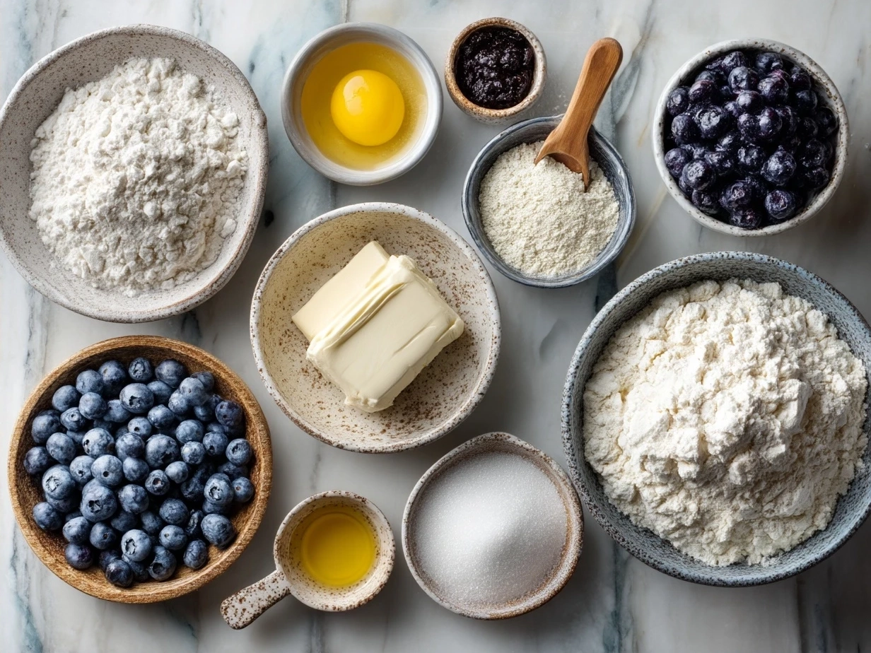 Ingredients for Lemon Blueberry Sourdough Bread laid out on a kitchen counter