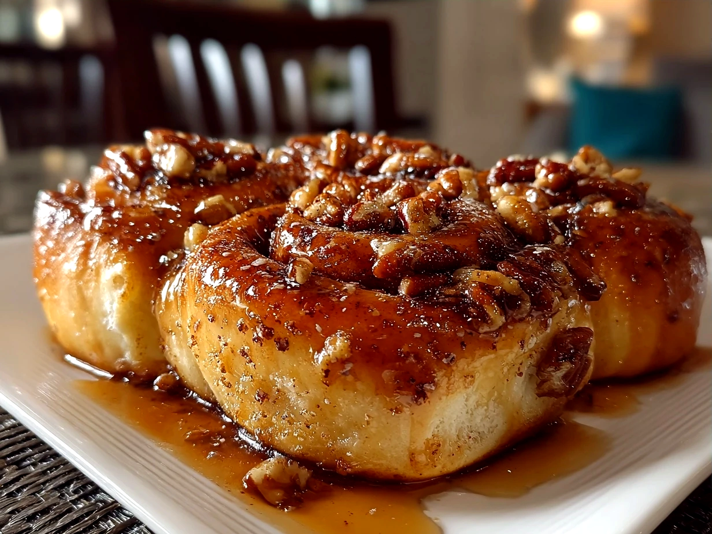 Serving Maple Pecan Sticky Buns warm on a rustic wooden table