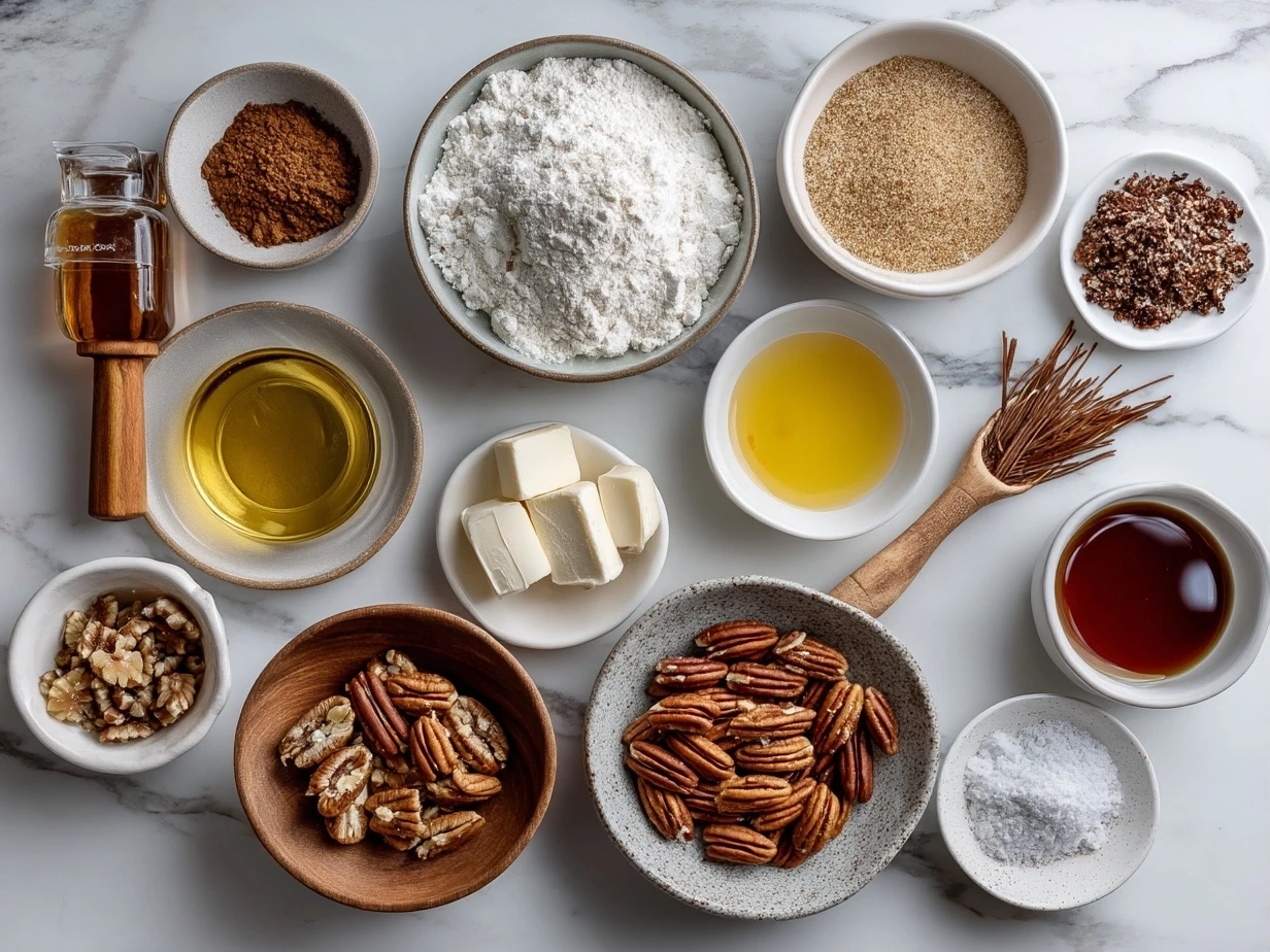 Ingredients for Maple Pecan Sticky Buns including pecans, flour, butter, sugar, yeast, and maple syrup