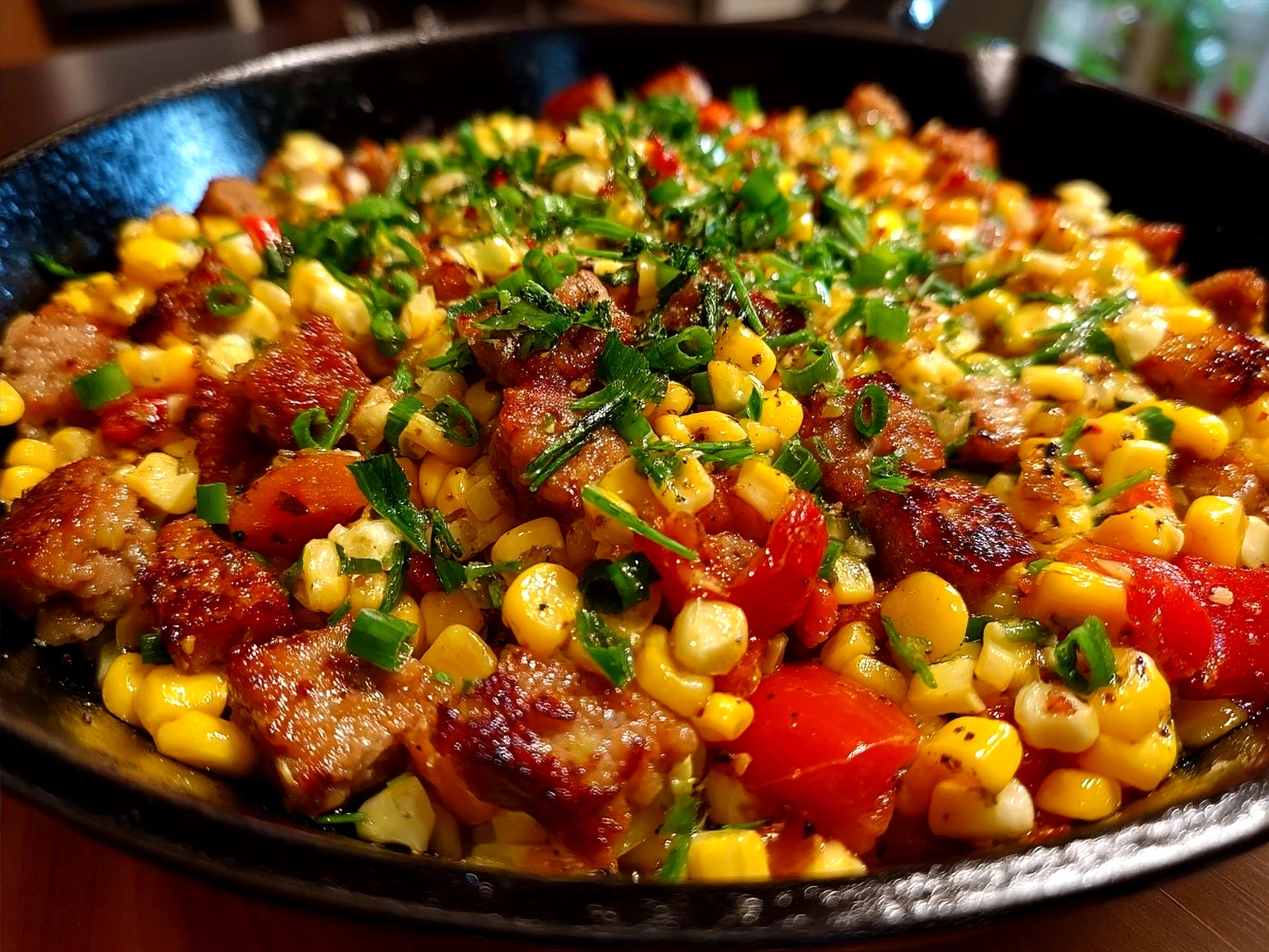 Serving bowl of Maque Choux With Sausage Corn garnished with fresh parsley