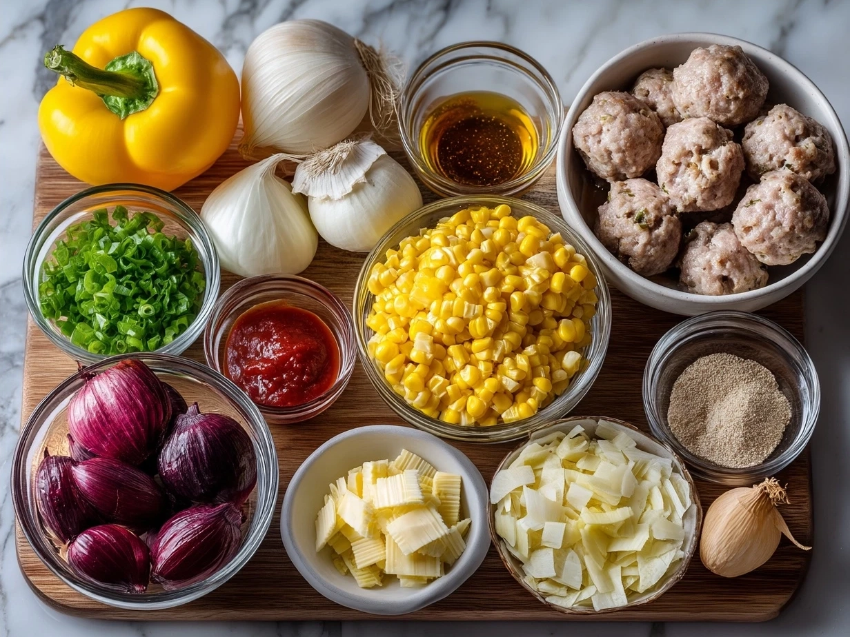 Ingredients for Maque Choux With Sausage Corn including corn, sausage, onion, bell pepper and spices