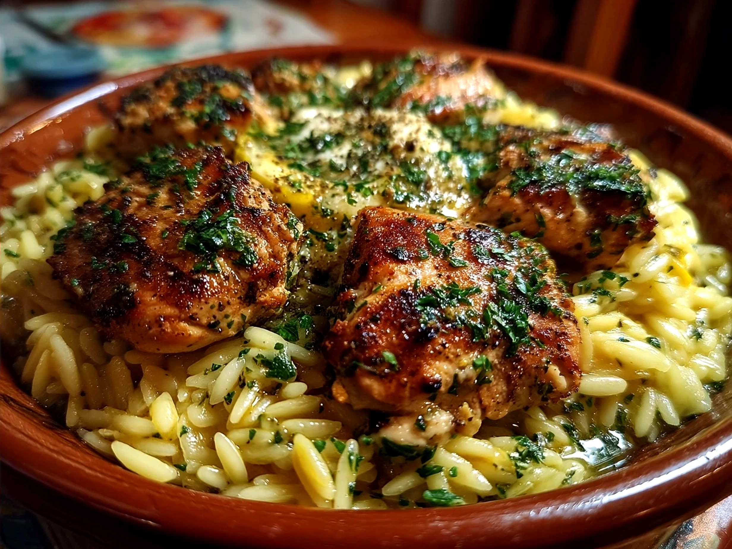 Serving of Mediterranean Chicken Orzo garnished with fresh parsley and lemon wedge