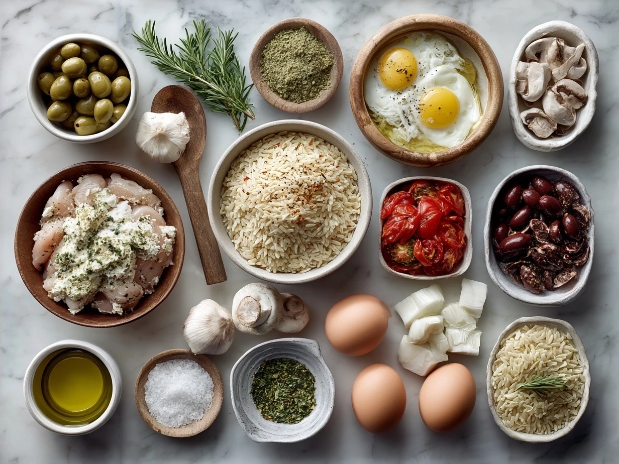 Ingredients for Mediterranean Chicken Orzo including chicken, orzo, vegetables, and herbs