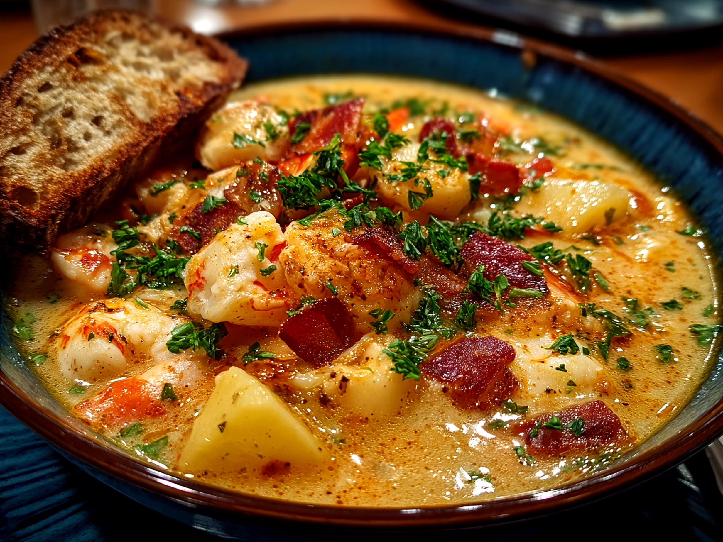 Bowl of creamy Nova Scotia Seafood Chowder garnished with fresh parsley served with crusty bread