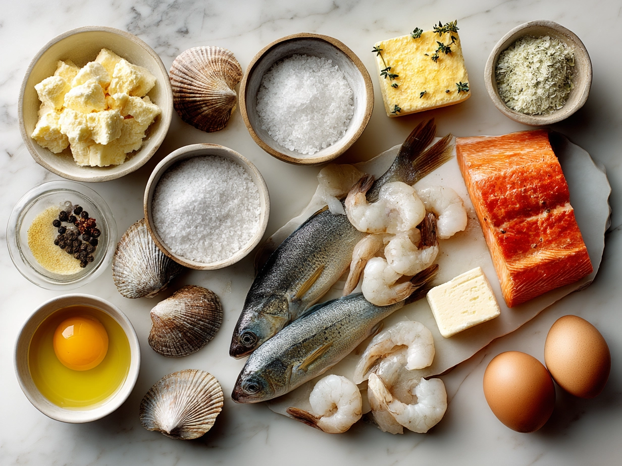 Ingredients for Nova Scotia Seafood Chowder laid out on a kitchen counter