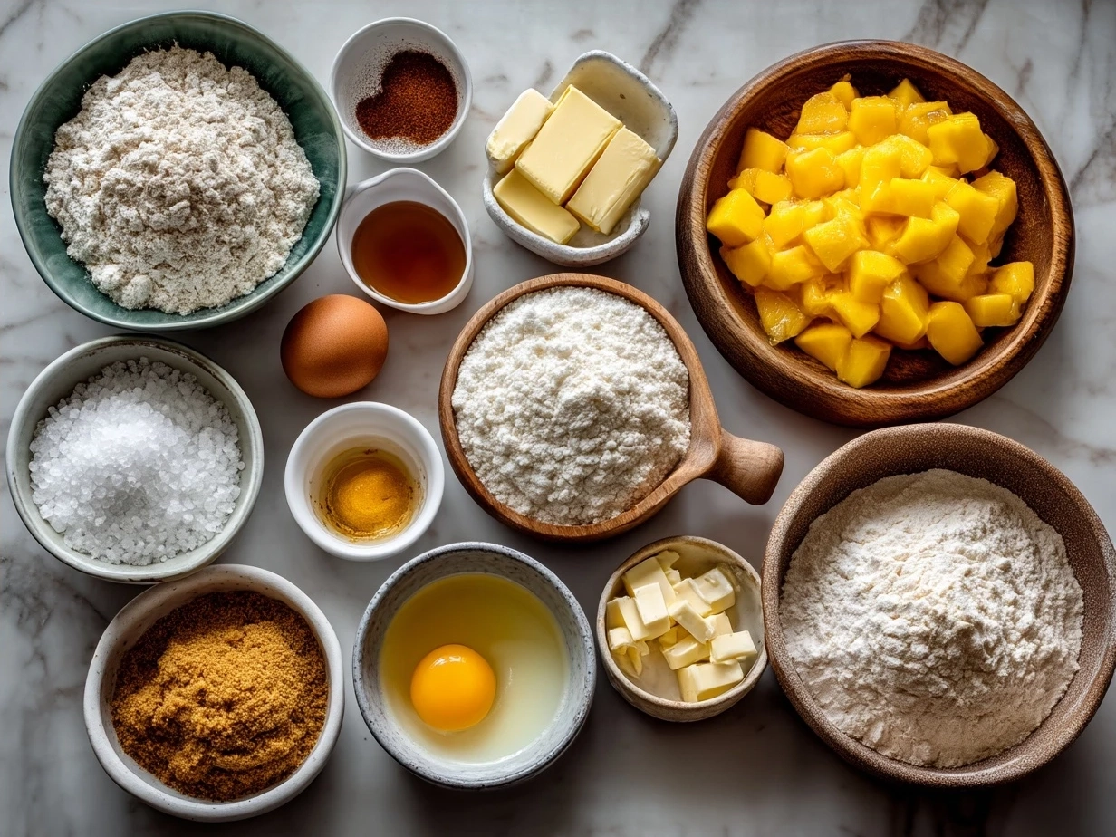 Ingredients for Peach Cobbler Cheesecake laid out on a table