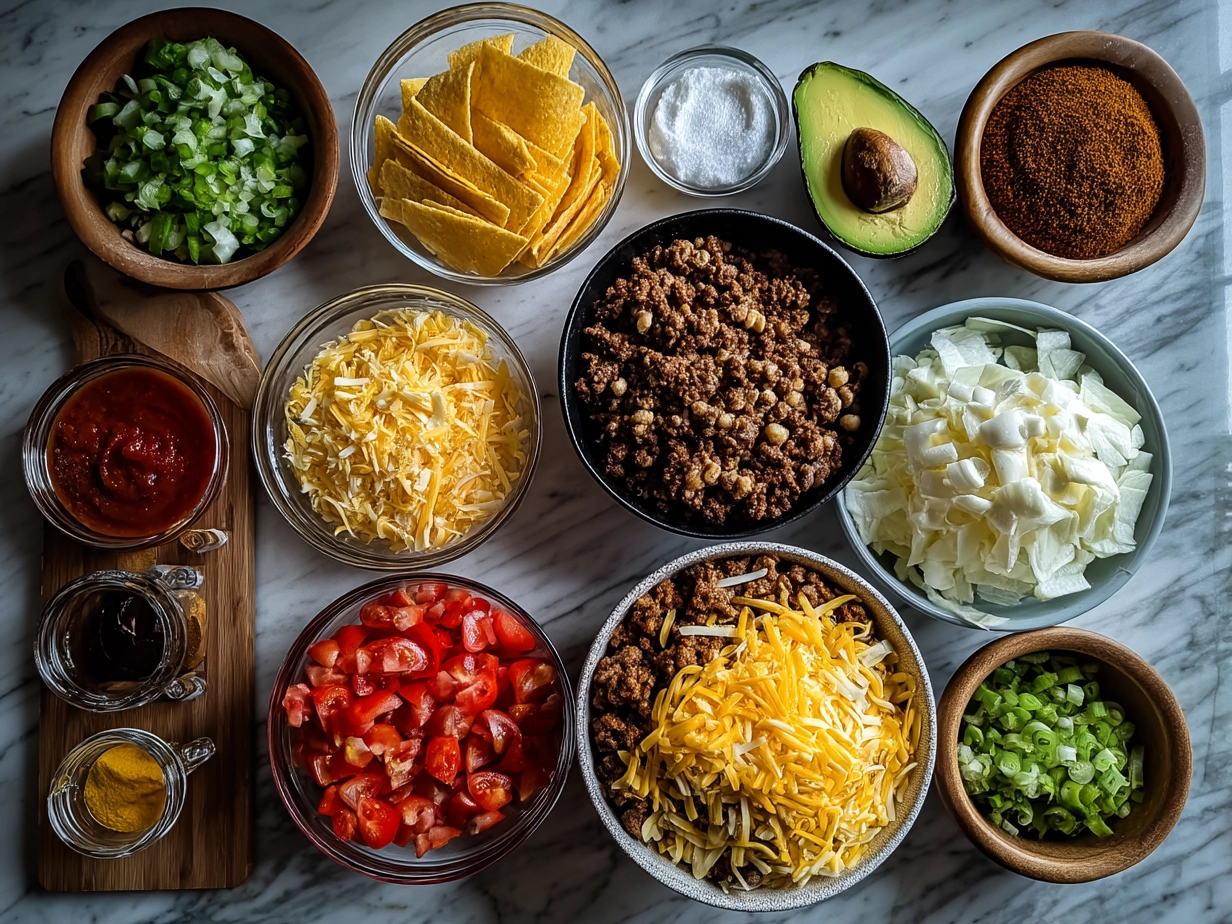Ingredients for Ranch Taco Party Bowl including ground beef, lettuce, tomatoes, black beans, corn, cheese, olives, avocado, ranch dressing, and tortilla chips