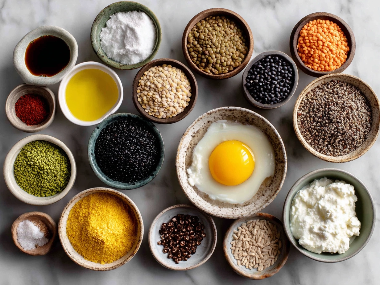 Raw ingredients for Eggcentric lentils with poached egg and yogurt on white marble surface