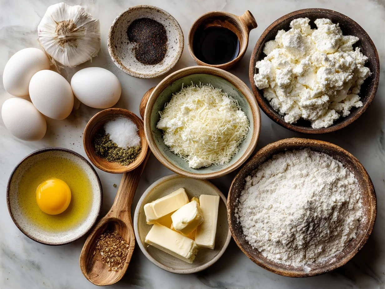 Raw ingredients for garlic parmesan cottage cheese bagels arranged on a table