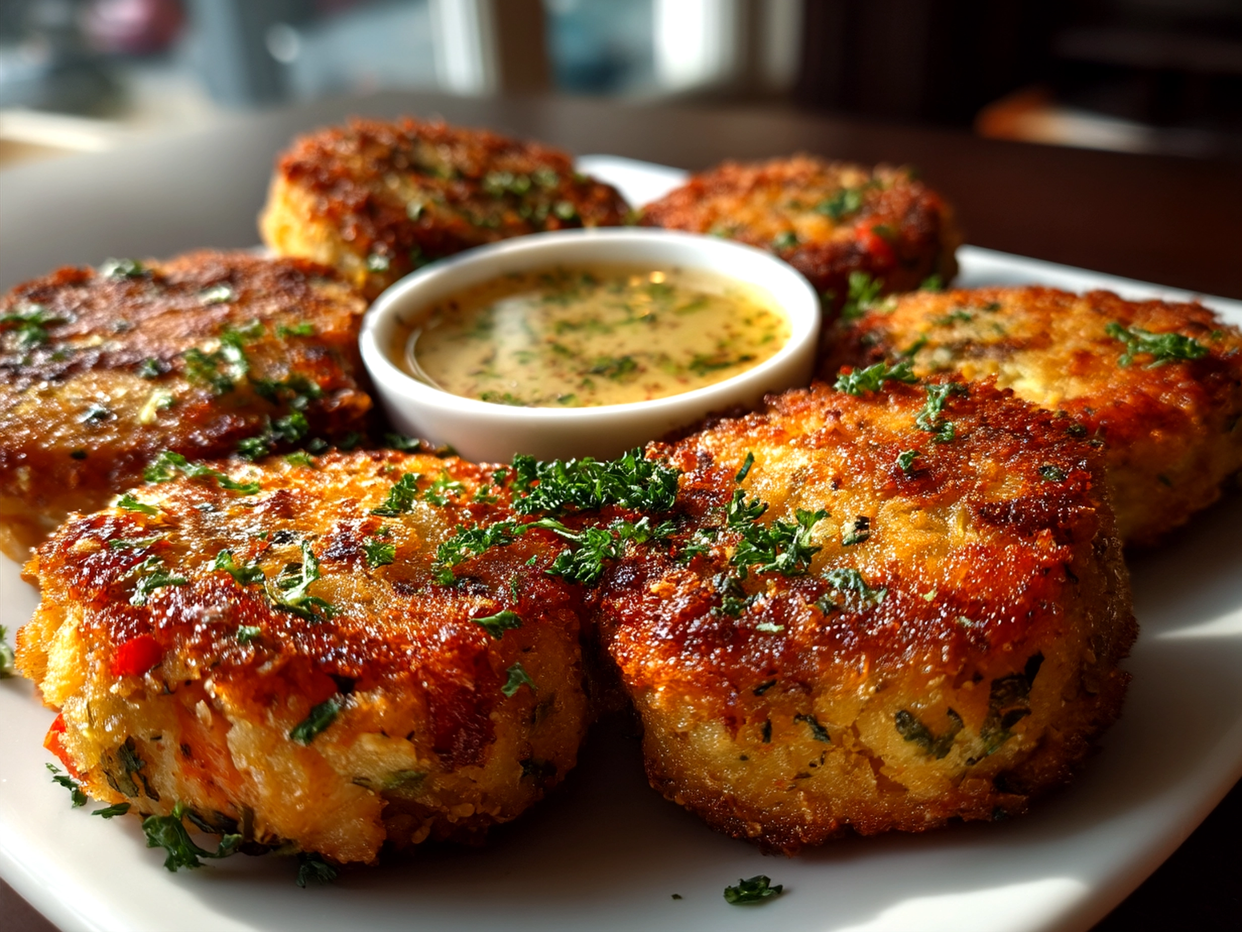 Plate of crispy salmon croquettes served with fresh salad