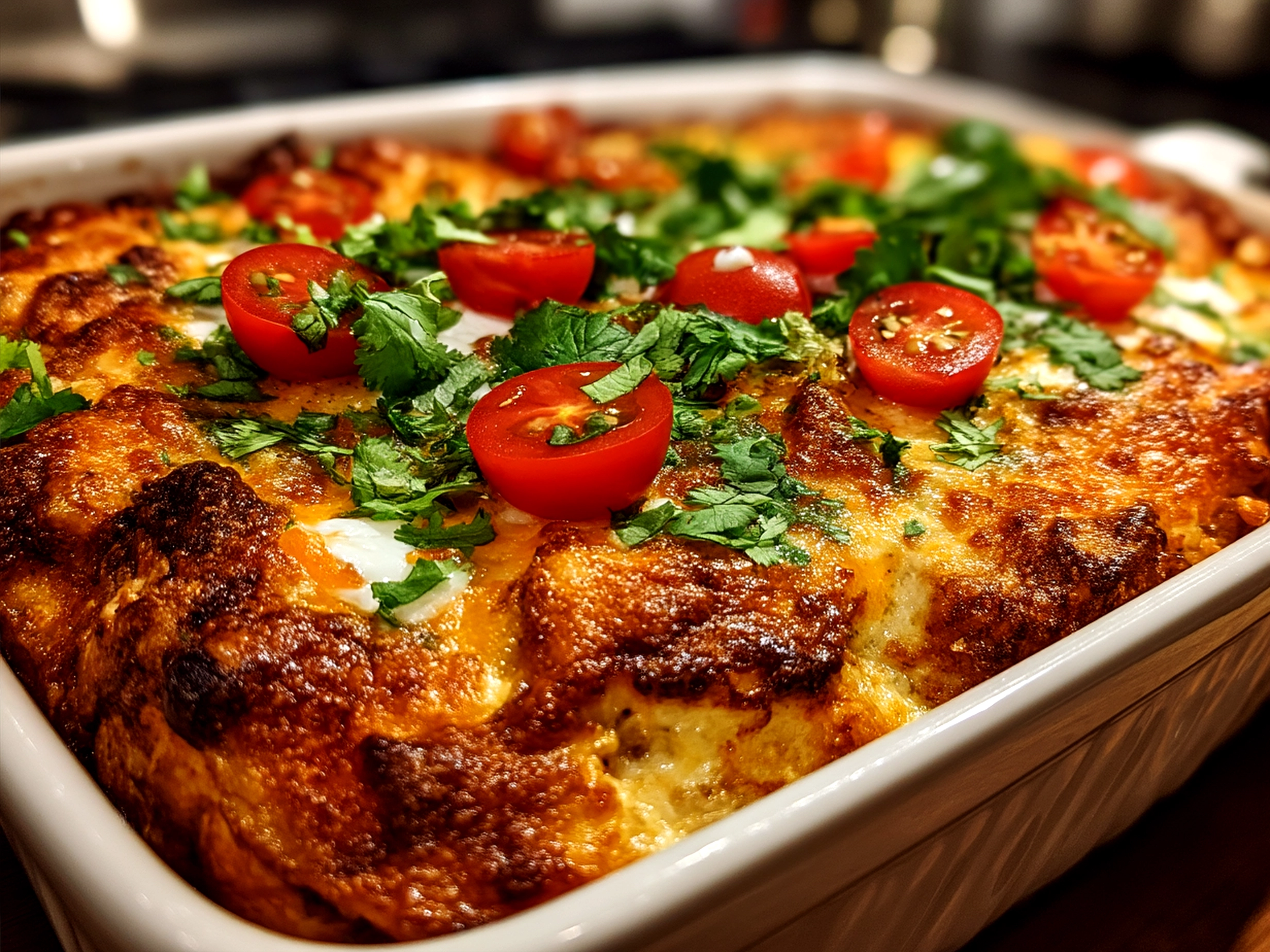Serving suggestion of Shredded Chicken Enchilada Casserole plated with fresh sides