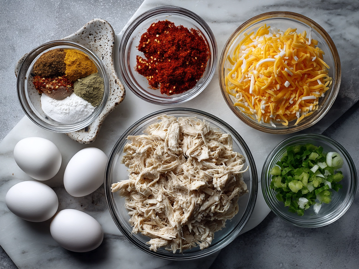 Ingredients for Shredded Chicken Enchilada Casserole including shredded chicken, cheese, enchilada sauce, tortillas, sour cream, green chilies, onions, garlic, and olive oil
