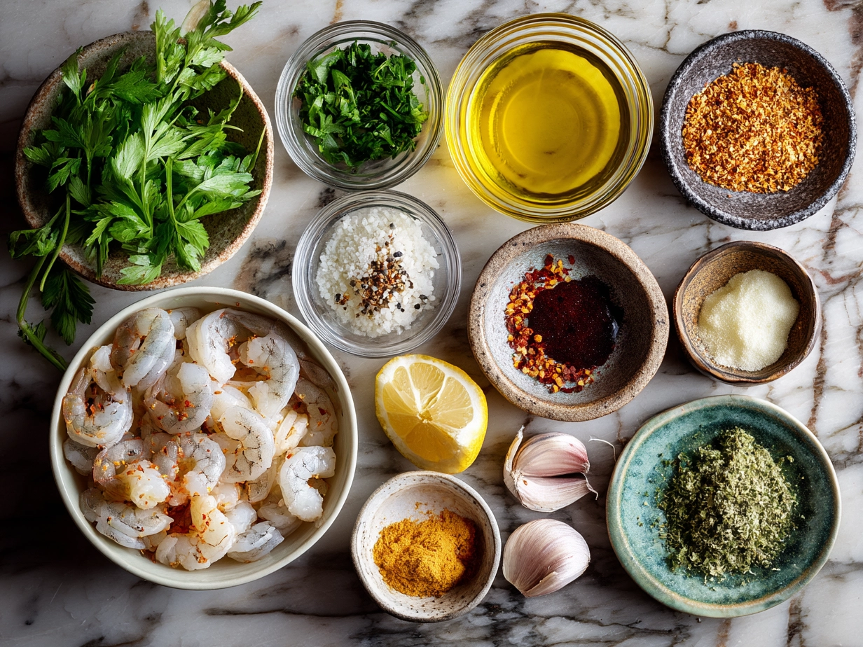Ingredients for Shrimp Scampi Nourish Bowl including shrimp, garlic, butter, olive oil, lemon, and fresh vegetables