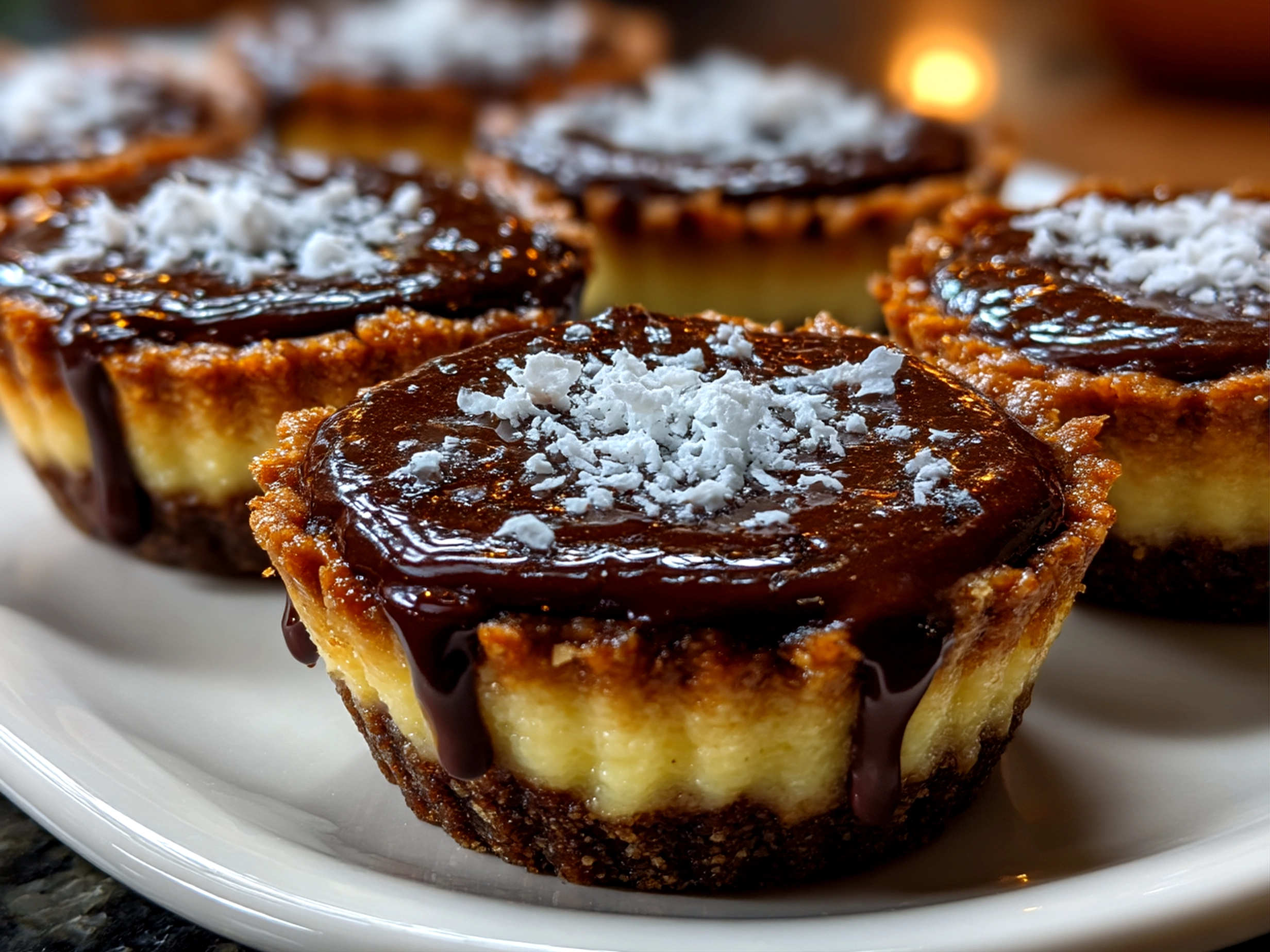 Slight angle close up of finished chocolate gnome cheesecakes on serving plate