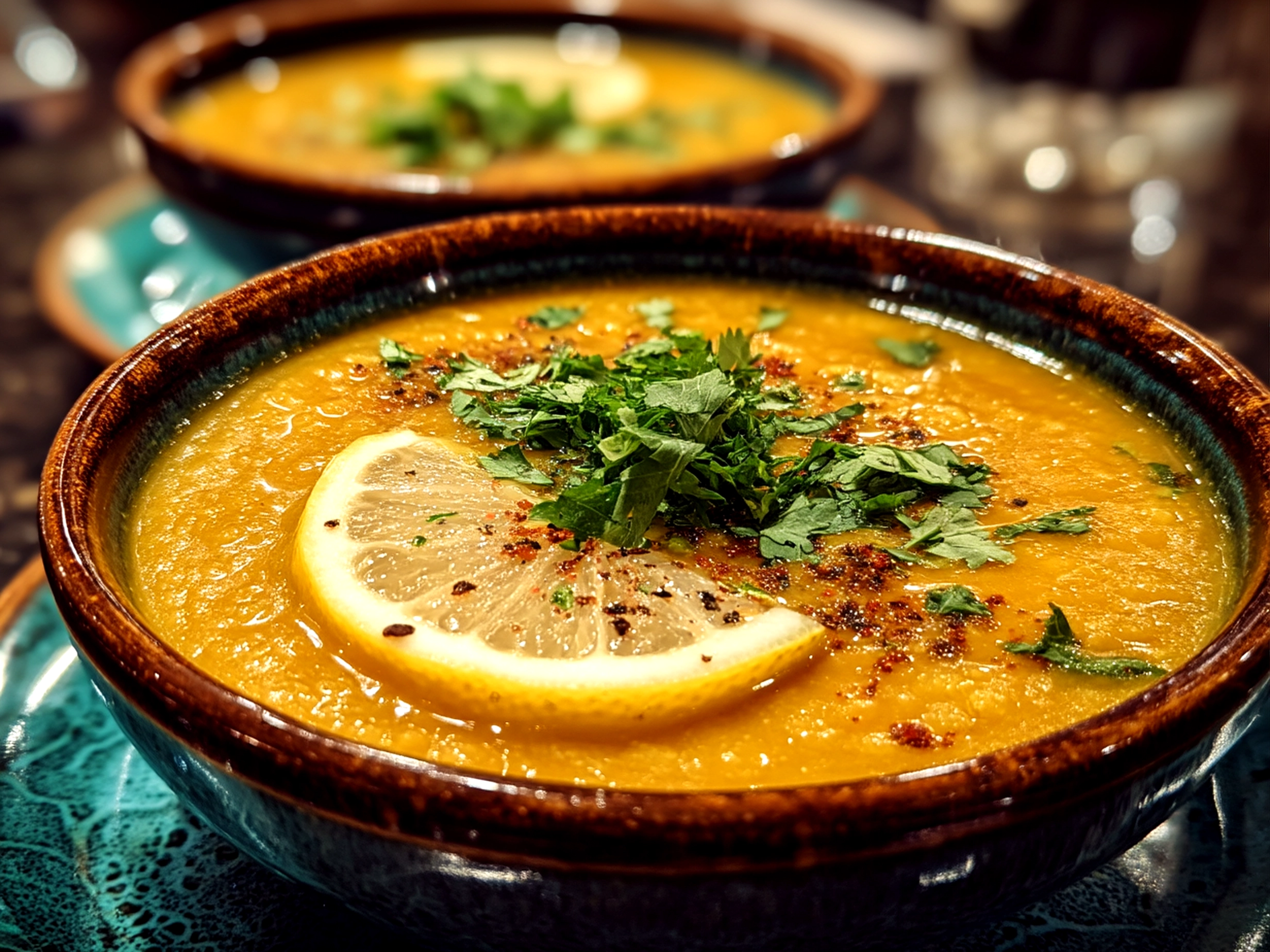 Close-up of a bowl of finished lemon lentil soup, rich and inviting