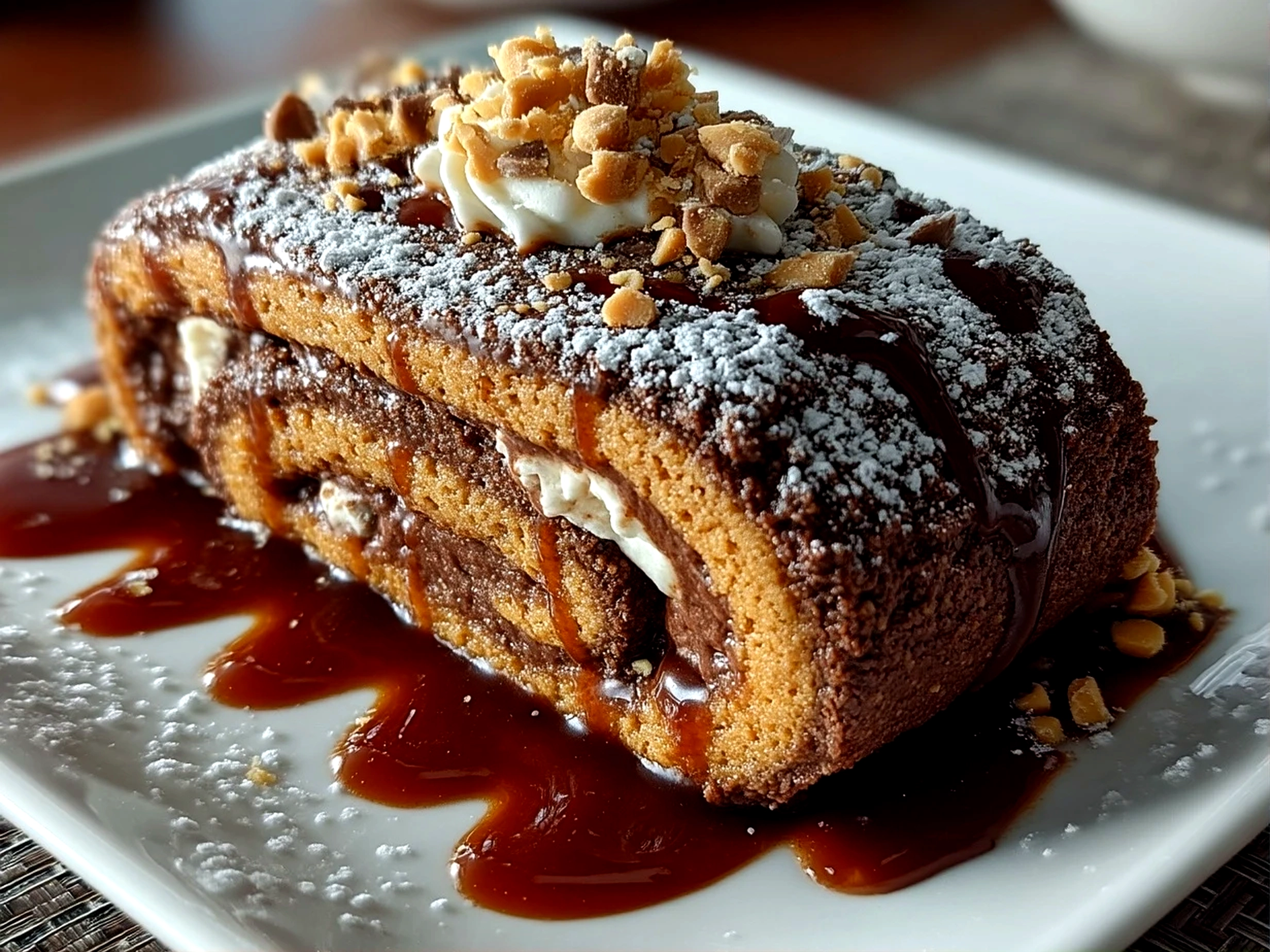 Slight angle close up of finished Peanut Butter Cup Chocolate Roll sliced and ready to serve