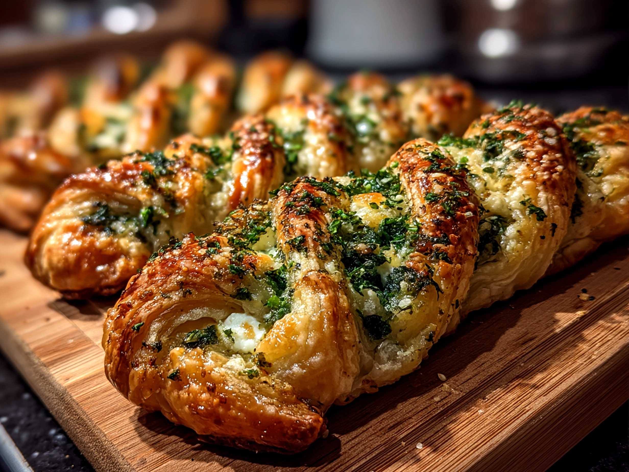 Close up of finished Spinach and Feta Puff Pastry Twists on a serving dish