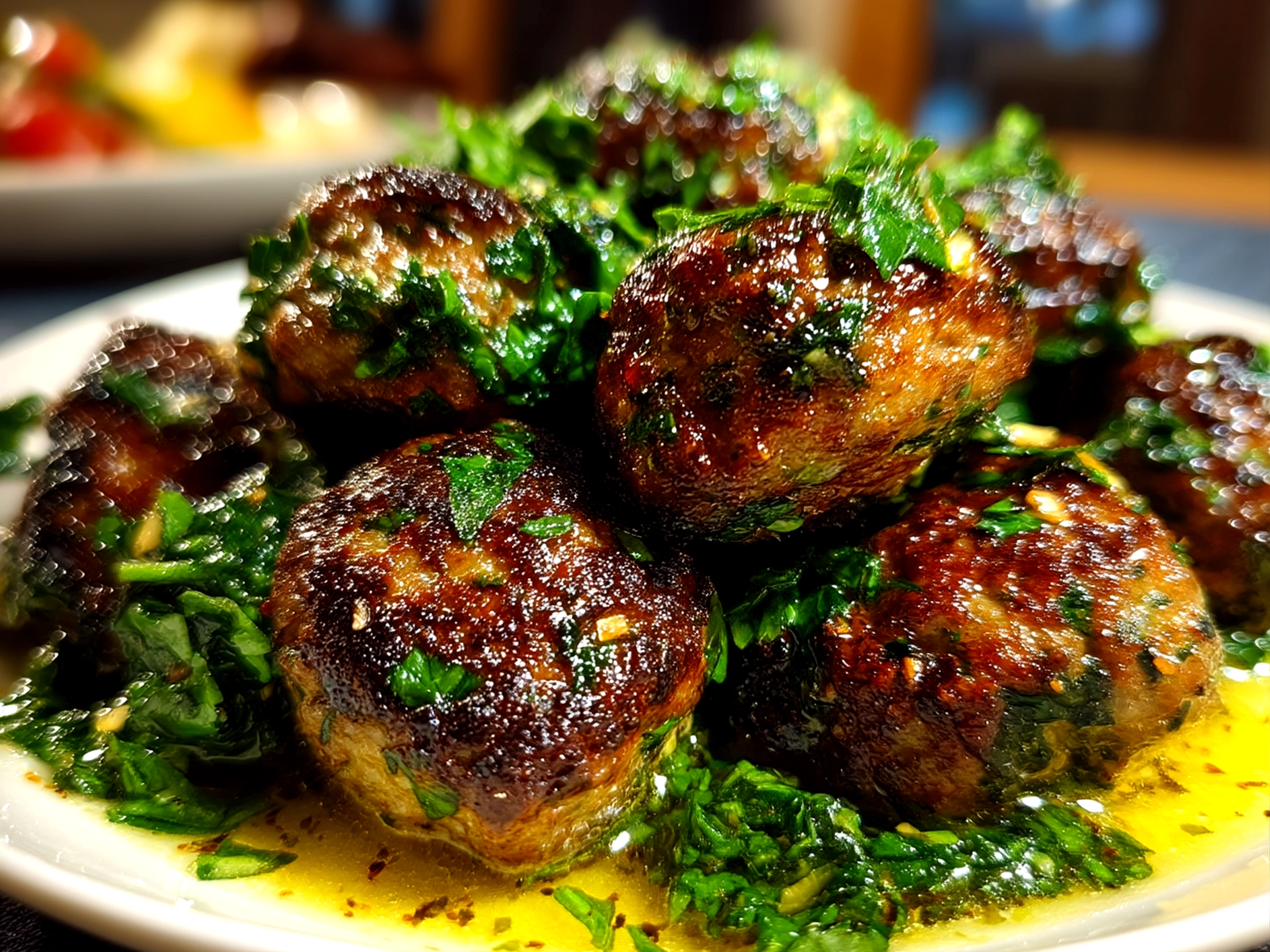 Close-up of finished spinach garlic meatballs with herbs on a platter