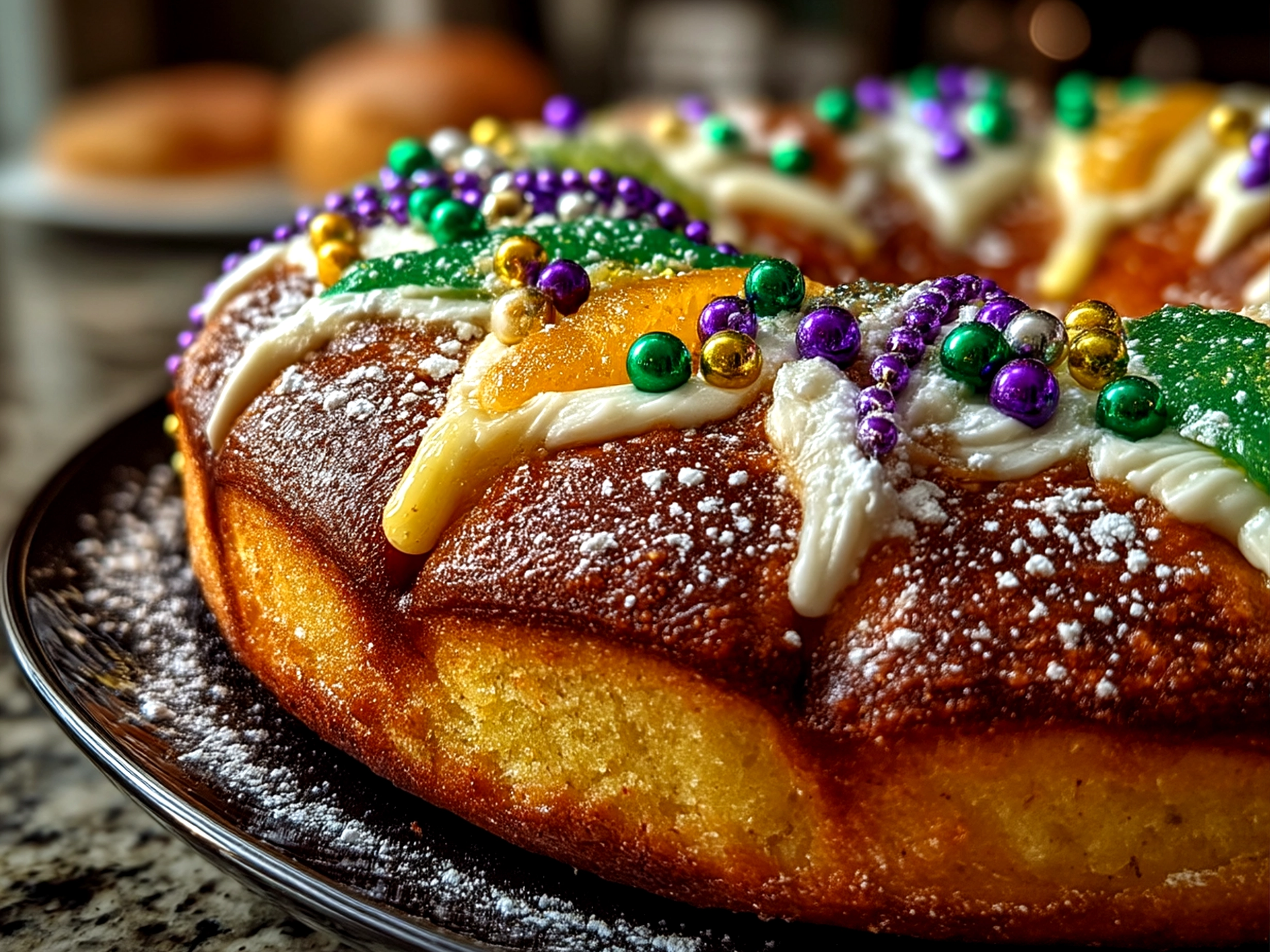 Close-up of finished Traditional King Cake decorated with colorful purple, green, and gold sugar