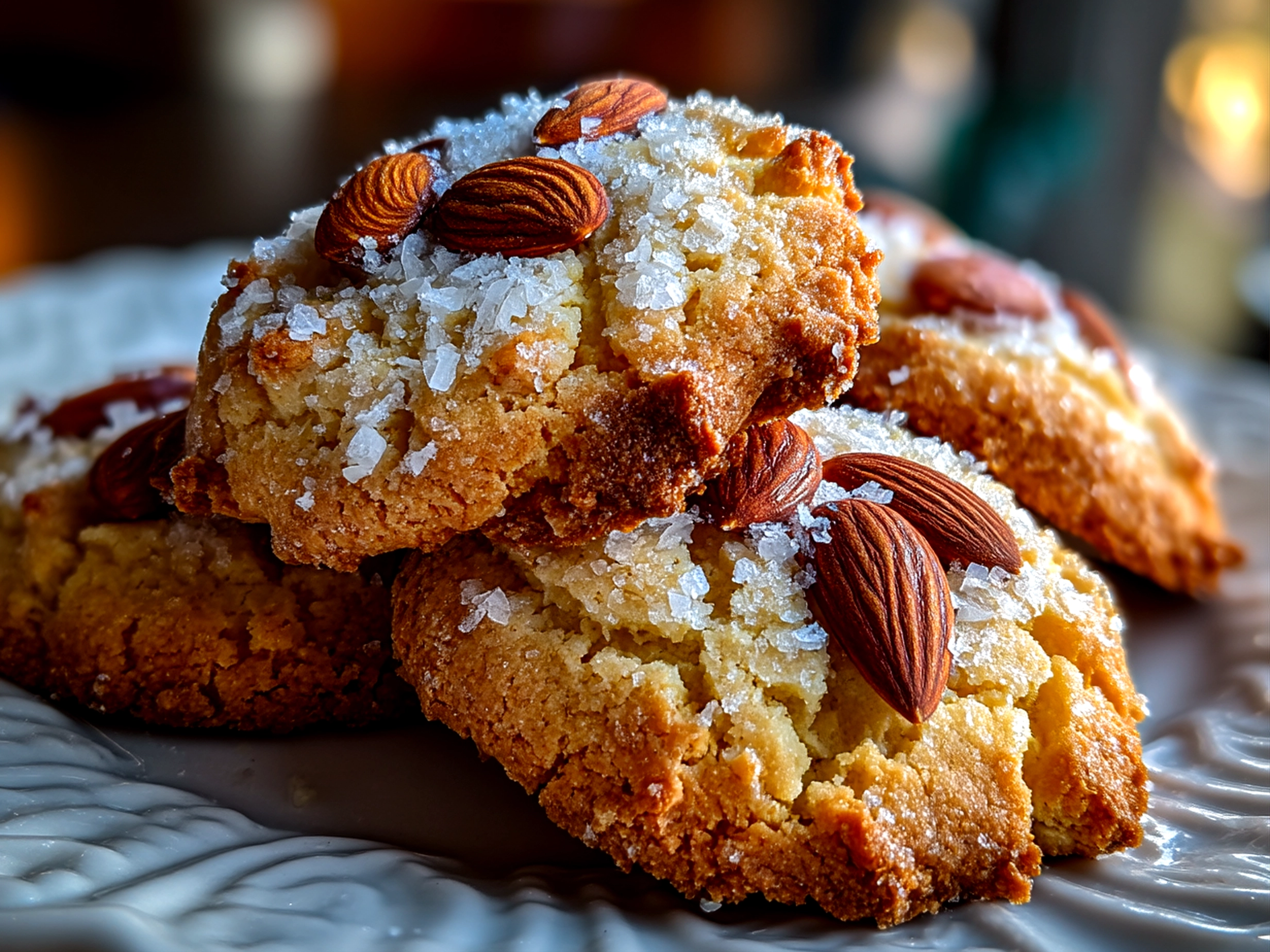 Close-up of finished Triple Almond Cookies stacked on a plate ready to serve