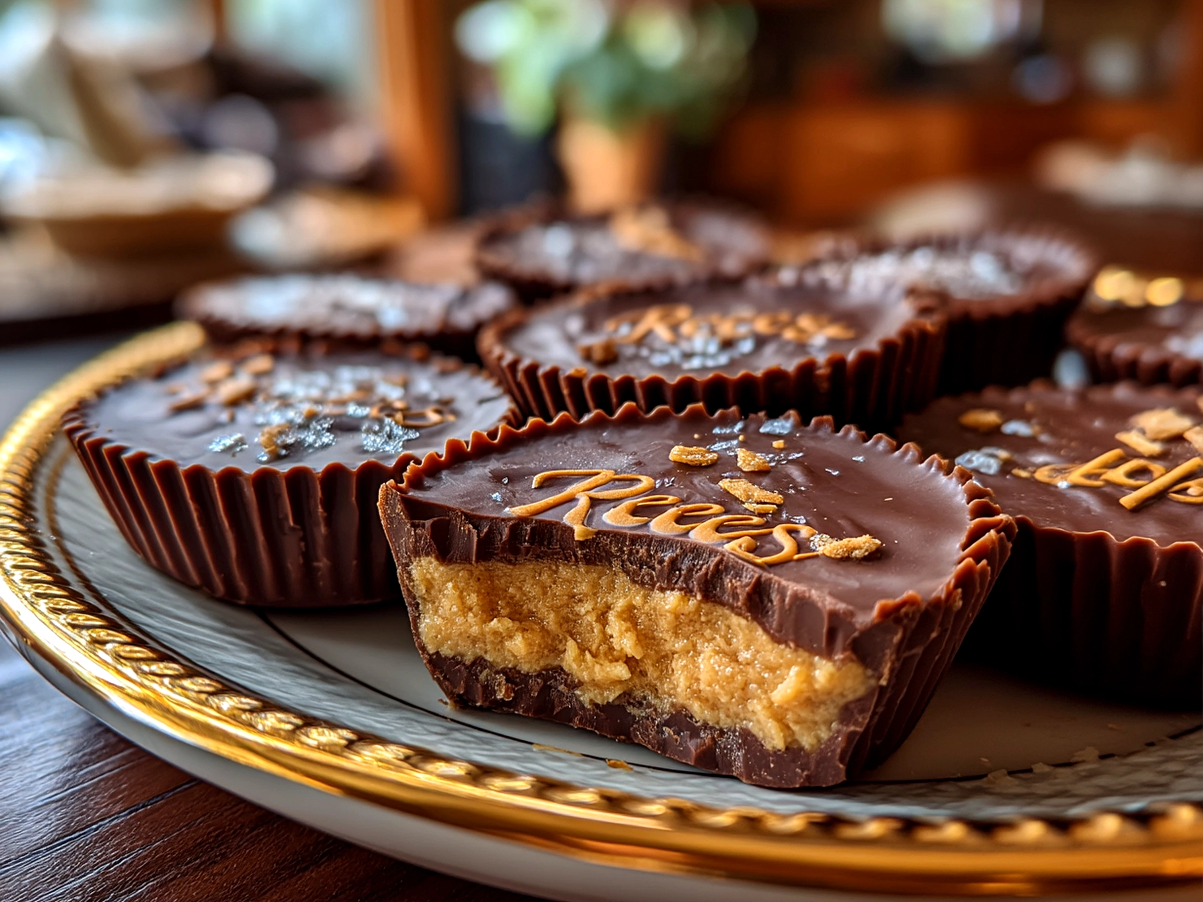 Slight angle close up of finished Reeses Peanut Butter Cups arranged on a plate