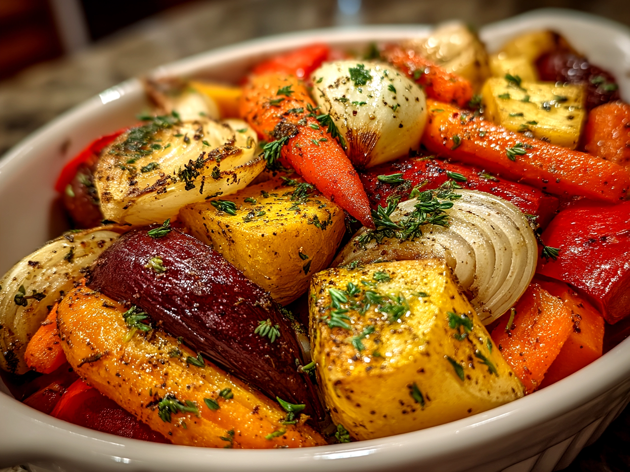 Plate of Slow Cooker Roasted Fall Vegetables ready to serve with herbs and side dishes