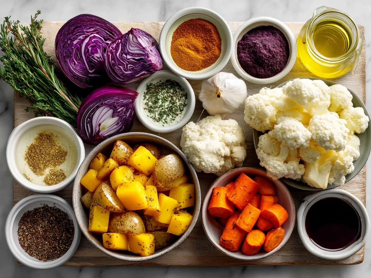 Ingredients for Slow Cooker Roasted Fall Vegetables including butternut squash, carrots, parsnips, sweet potato, red onion, garlic, and herbs