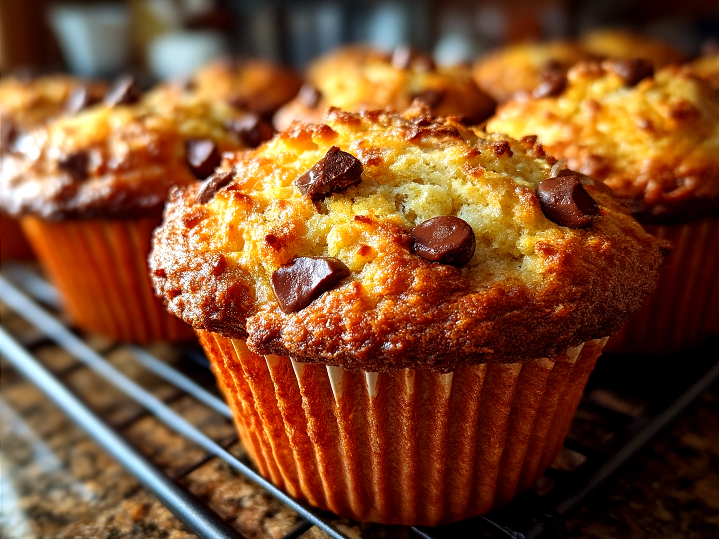 Freshly baked Sourdough Chocolate Chip Muffins on a plate, ready to serve