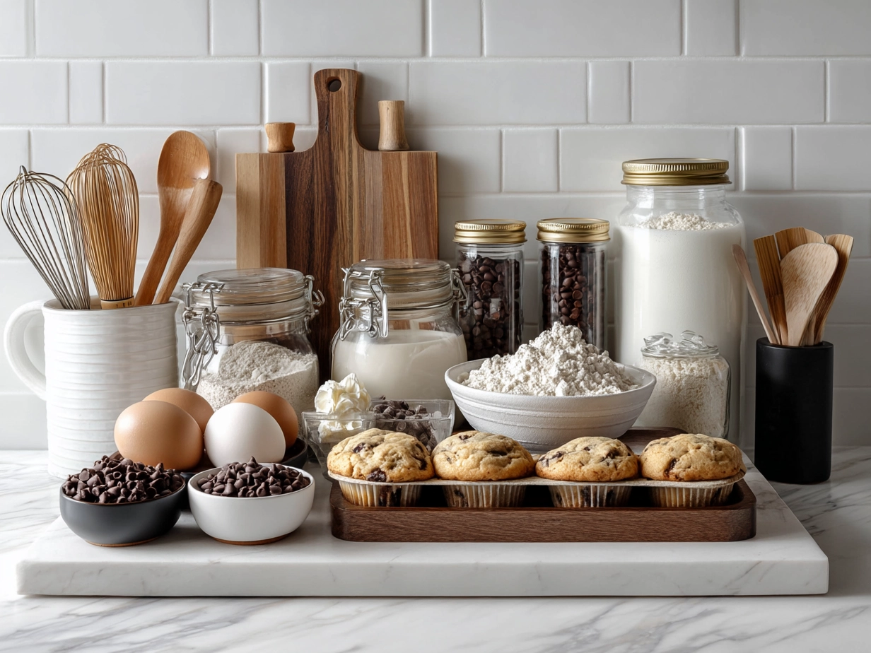 Ingredients for Sourdough Chocolate Chip Muffins laid out on a table