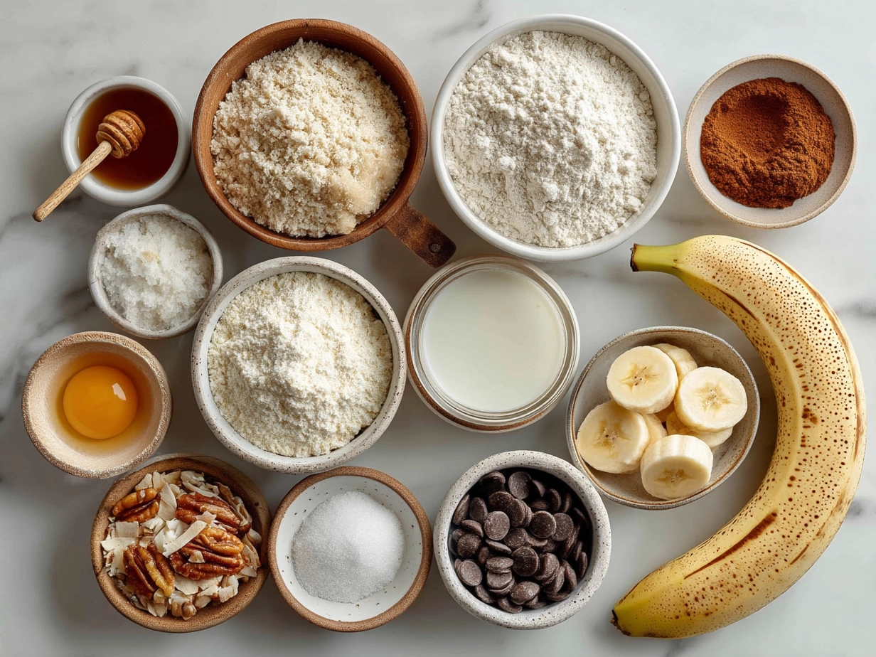 Ingredients for Sourdough Discard Banana Muffins including bananas, sourdough starter, butter, sugar, and flour