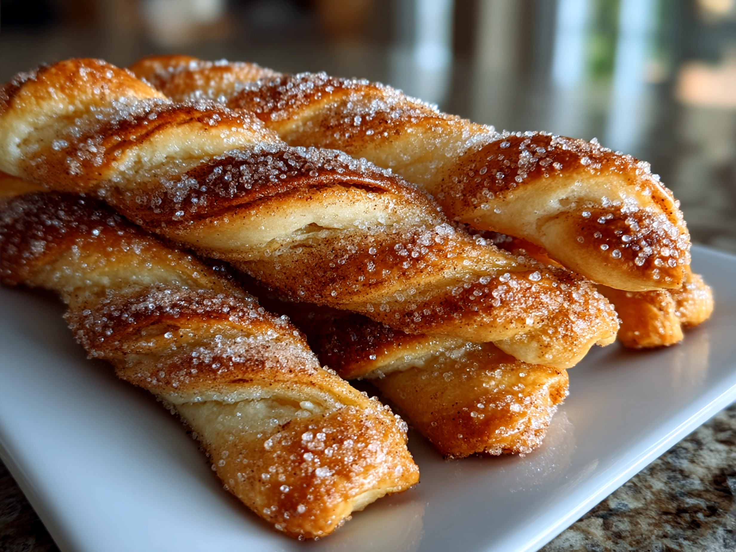 Freshly baked Sourdough Discard Cinnamon Sugar Twists served on a plate
