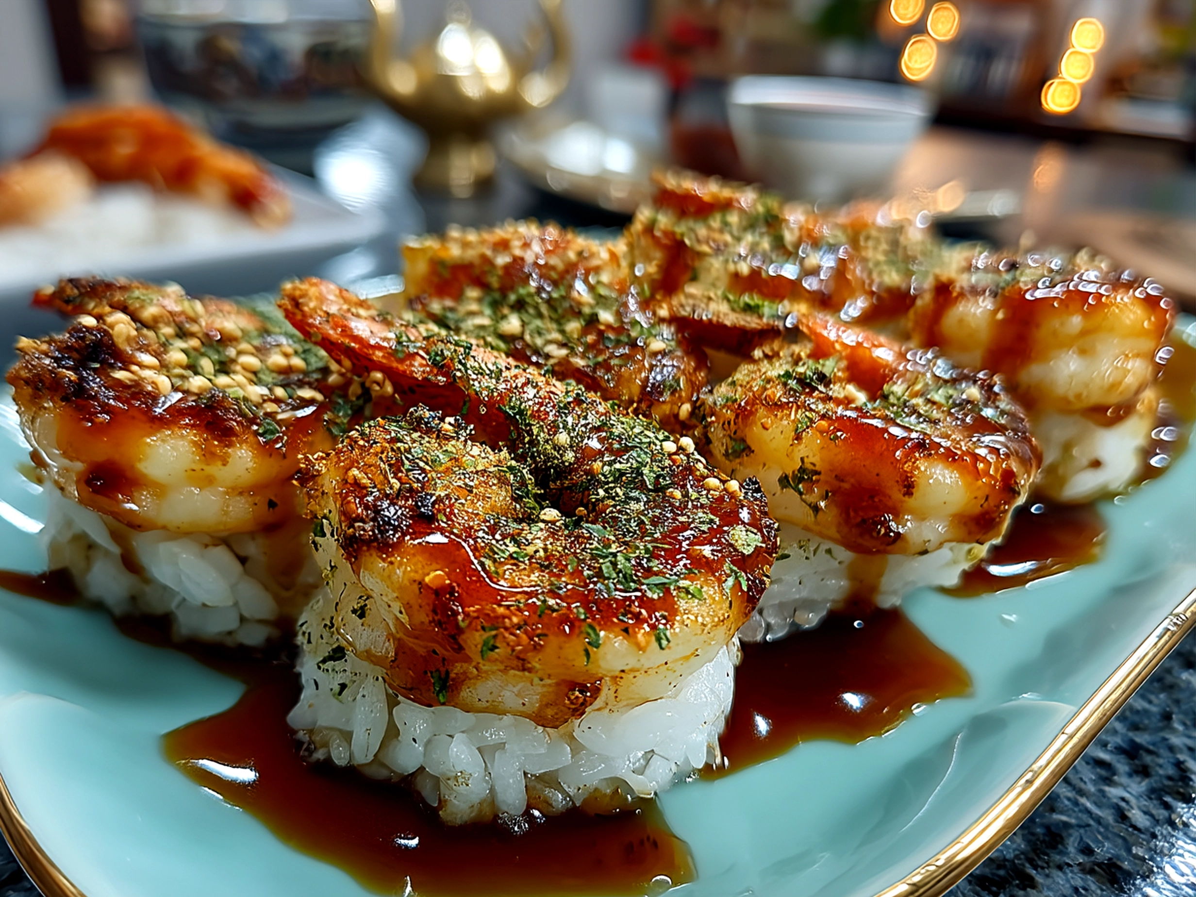 Finished Spicy Shrimp Sushi Stacks served beautifully on a dark plate with garnishes