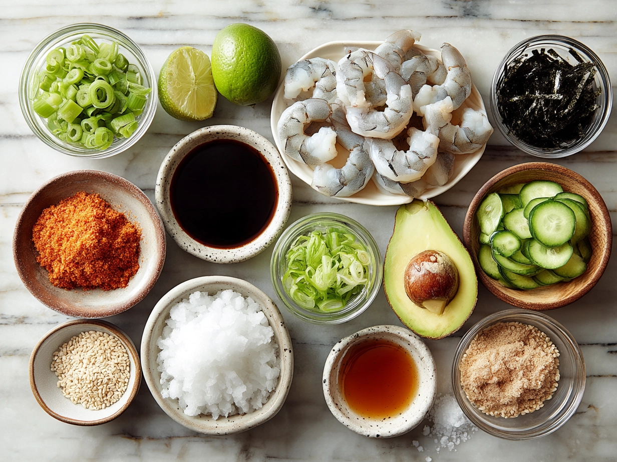 Ingredients displayed for Spicy Shrimp Sushi Stacks including sushi rice, shrimp, avocado, cucumber, and sauces